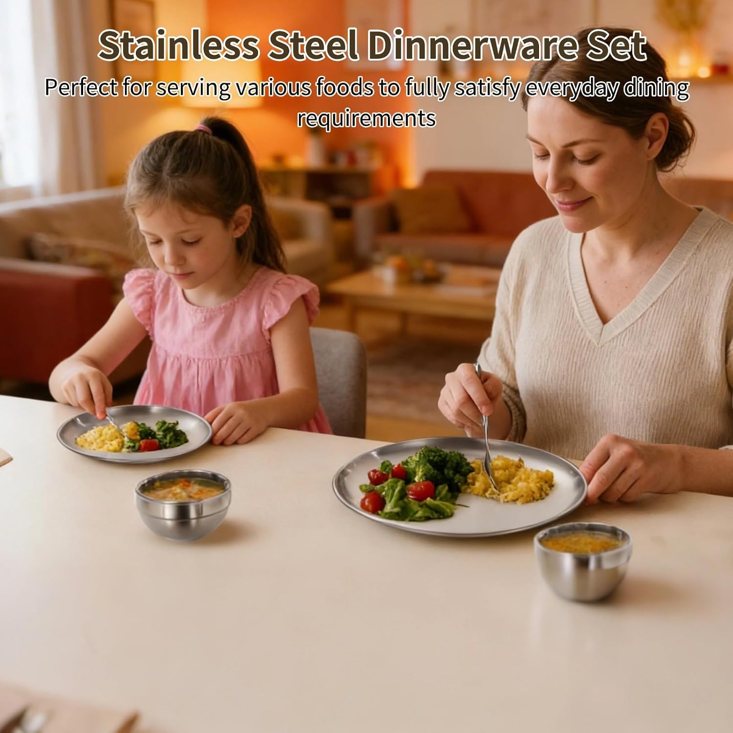20 Pcs Unbreakable Stainless Steel Plates and Bowls Set, Includes 6.7 & 10.2 in Camping Plates, 5.1 in Reusable Snack Bowls, Stackable and Easy to Clean for Home & Outdoors