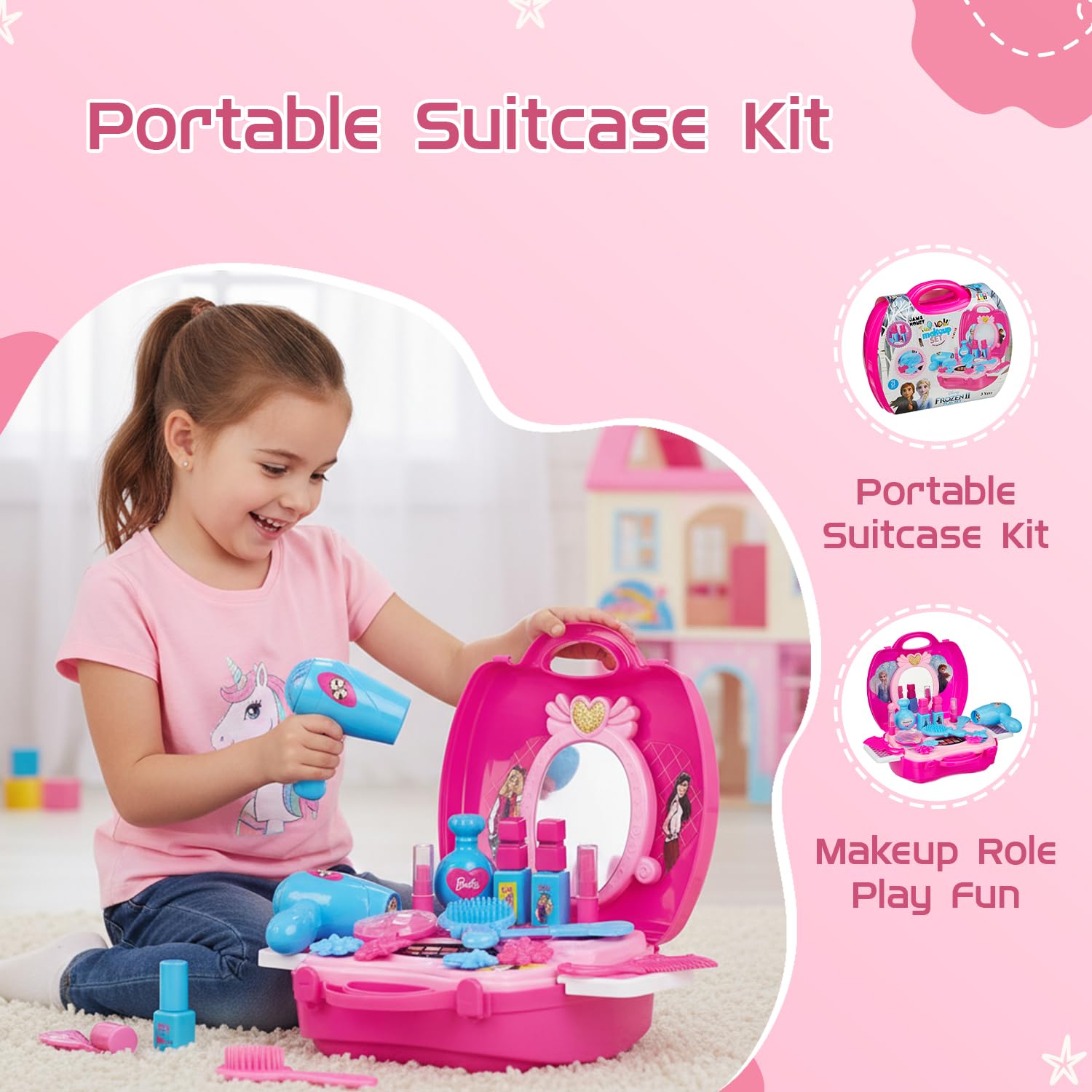 Amazon Brand Jam & Honey Barbie Makeup Kit for Girls, BIS Safe for Kids, Pretend Play Beauty Set with Toy Makeup Accessories, Portable Suitcase Vanity Kit for Kids Age 3+ Years, Non Toxic 1