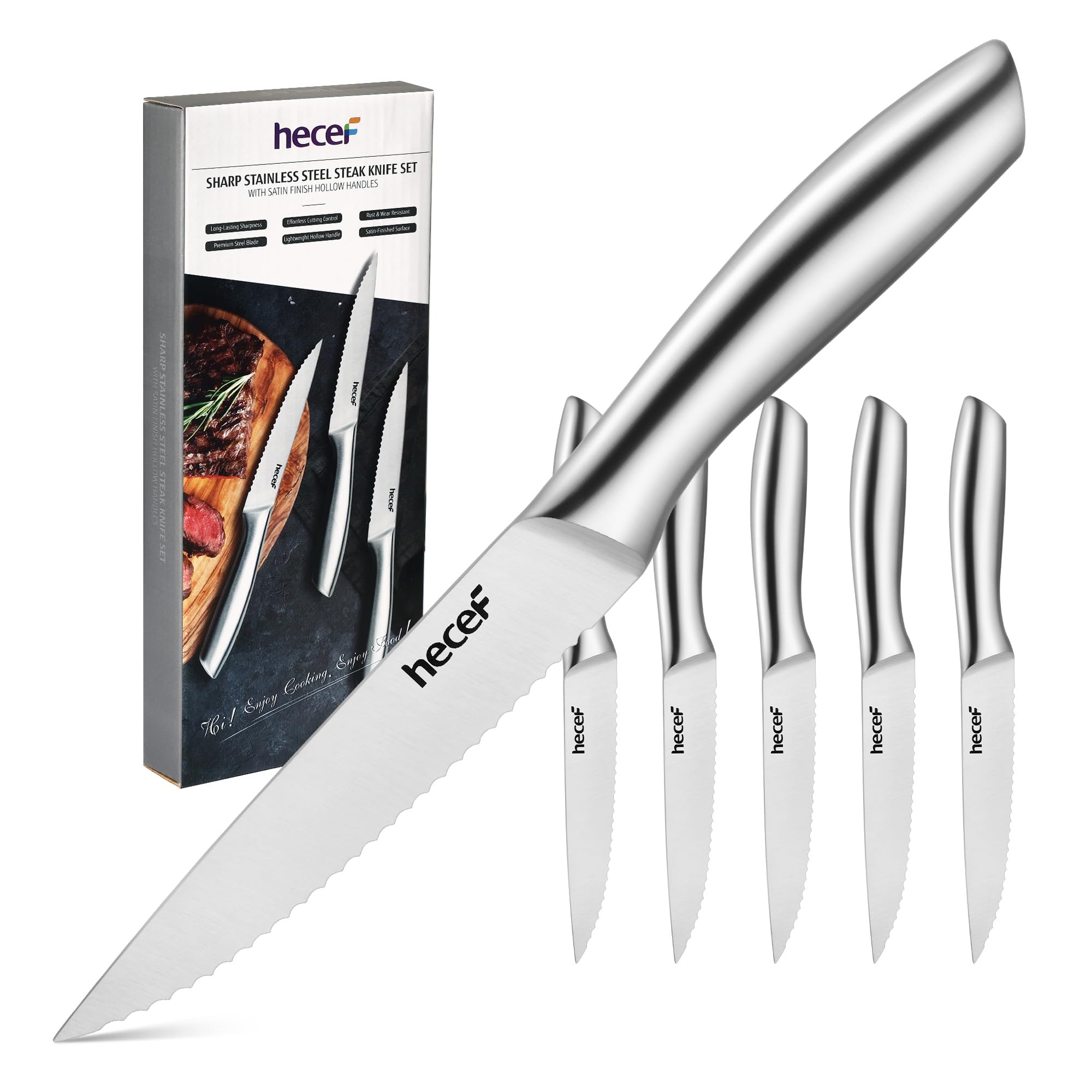 hecef coltelli da bistecca, set da 6 pezzi di coltelli da tavola affilati con lama seghettata e manico cavo ergonomico, coltello da carne in acciaio inox per bistecca e pane, 12,7 cm, argento