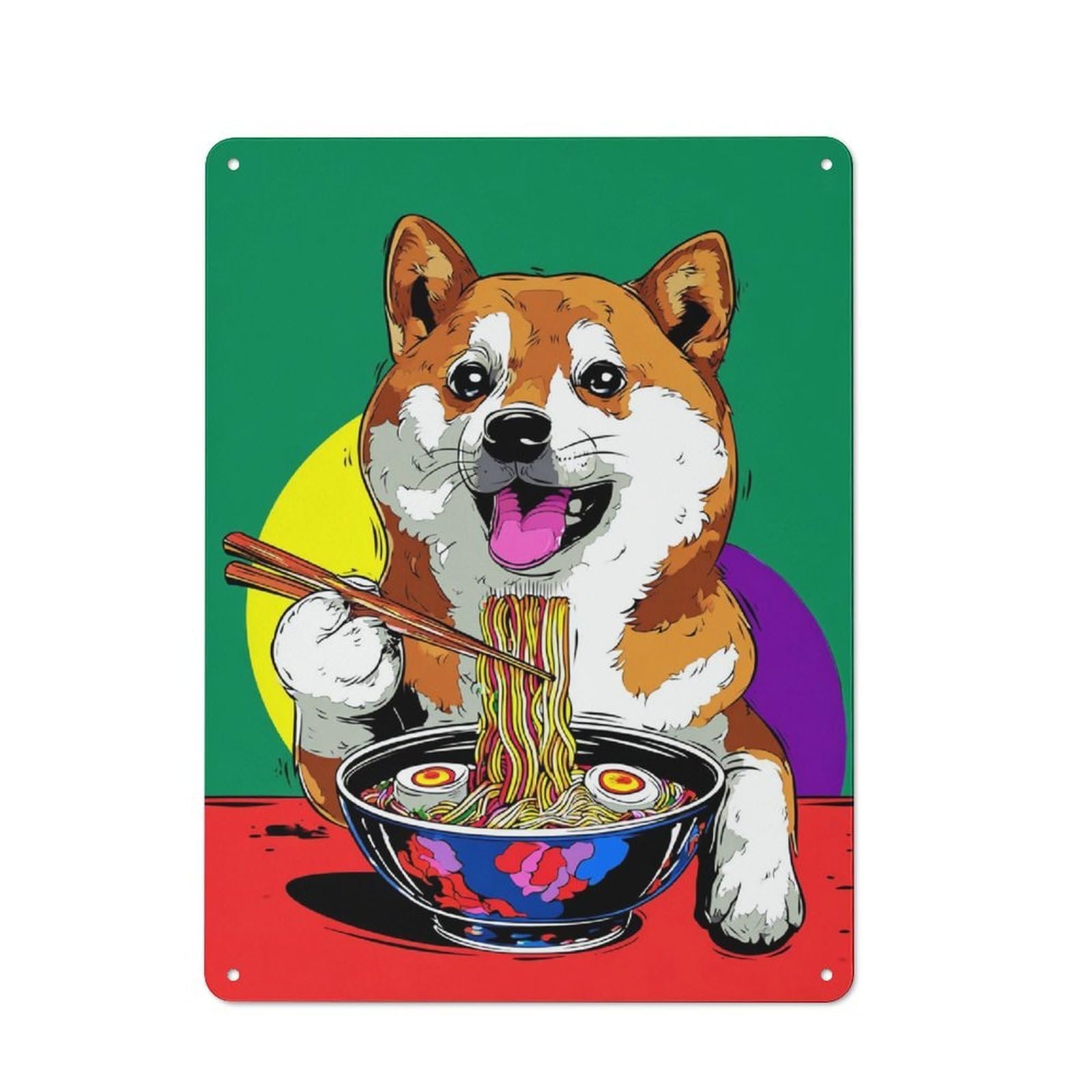 Junmoney Corgi Enjoying Ramen With Chopsticks Retro Tin Sign 40X30cm For Hallway Wall, For Home Decor Fans Who Collect Metal Signs
