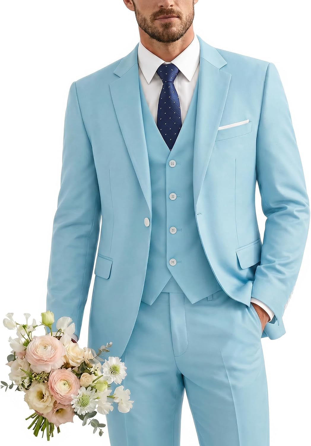 YND Men's 3 Piece Suit with Tie, One Button Solid Jacket Vest and Pants