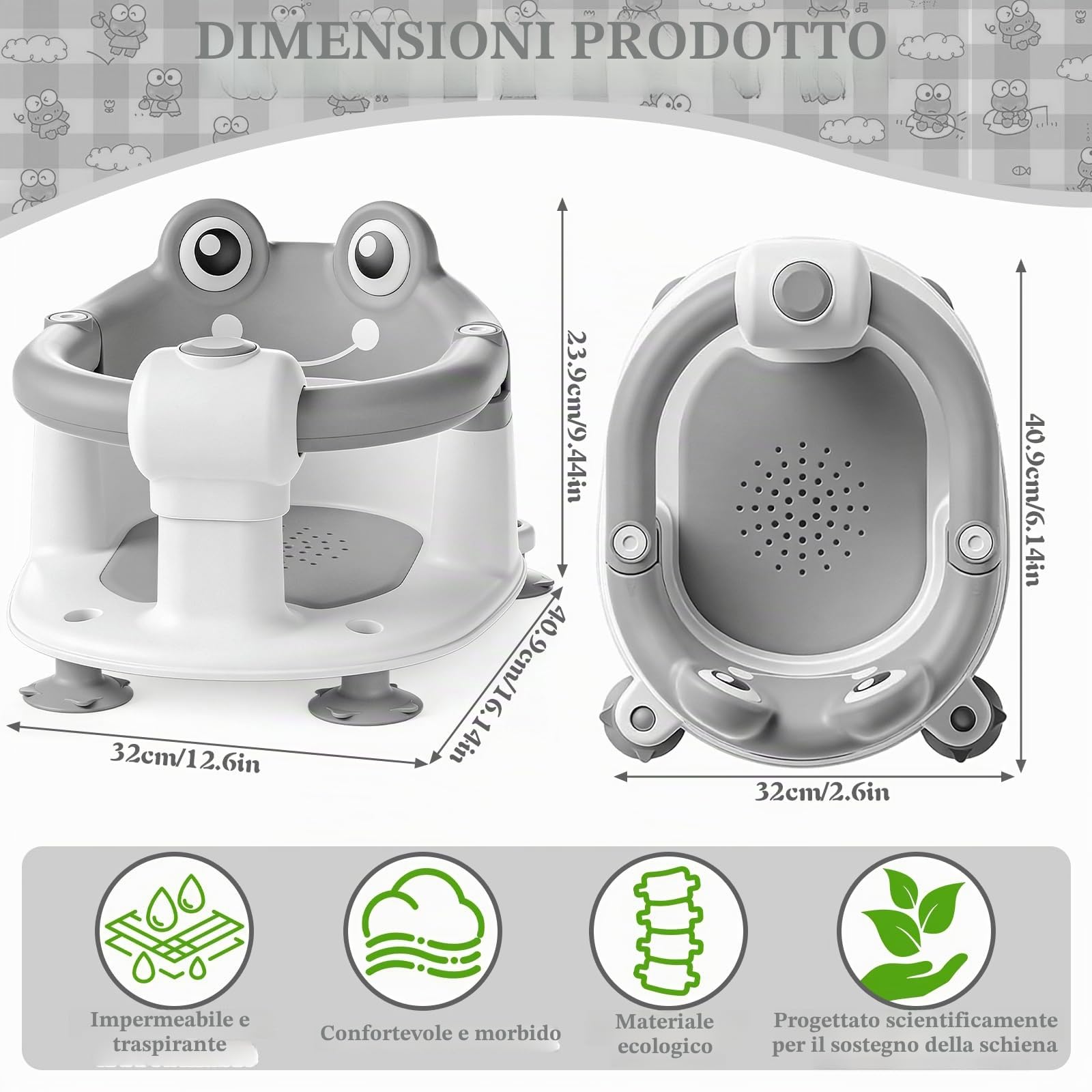 Bambino Seggiolino da Bagno,Seggiolino Doccia Bimbo,Seggiolino Vasca da Bagno Bambino,Seggiolino da Bagno con 4 Ventose,per Bambini a Partire da 6 Mesi per Doccia o Vasca da Bagno - Grigio