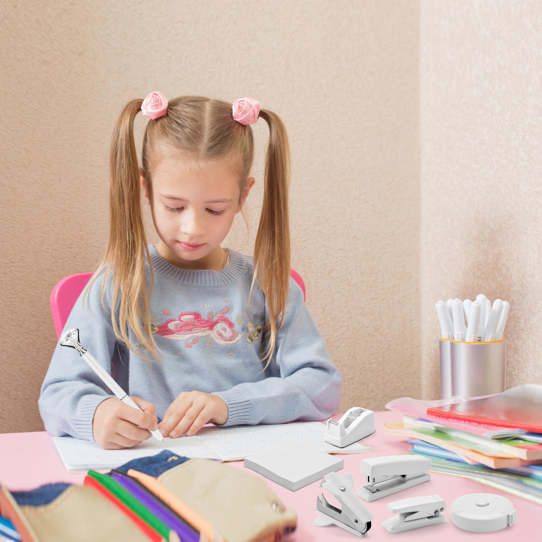 Weißes Schreibtisch-Zubehör-Set, niedliches Bürobedarf-Set, Schreibtisch-Heftgerät-Set enthält Heftklammerentferner, Locher, Klebebandabroller, Kugelschreiber, Schere, Mini-Boxschneider, Maßband,