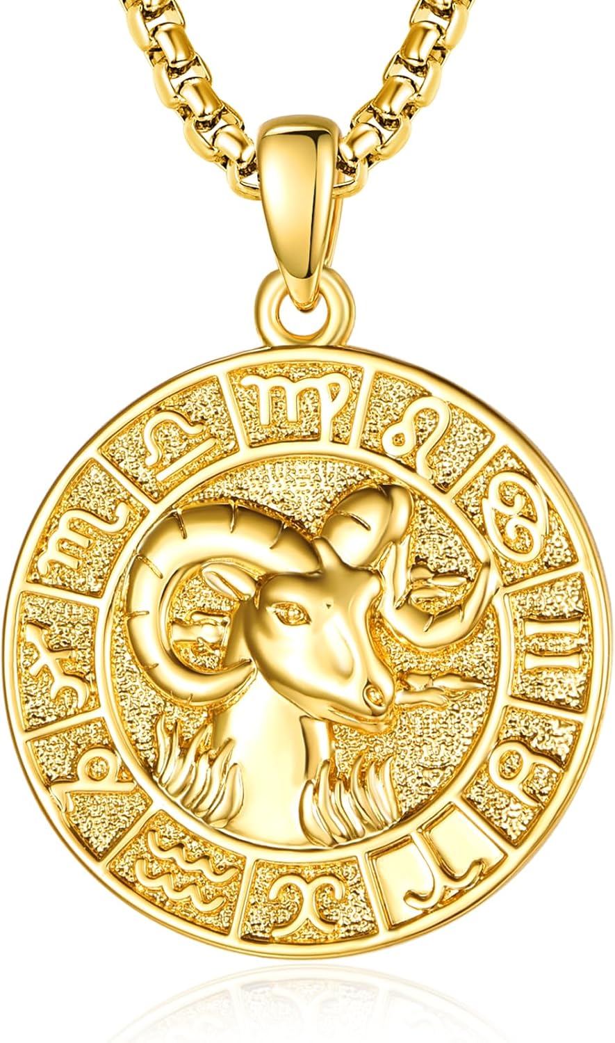 Aries Zodiac Necklace for Men Ram Horoscope Constellation Pendant Medal 14K Gold Aries Pendant Jewelry Zodiac Empowering Birthday Gifts for Him Husband Son Father Dad