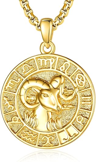 Aries Zodiac Necklace for Men Ram Horoscope Constellation Pendant Medal 14K Gold Aries Pendant Jewelry Zodiac Empowering Birthday Gifts for Him Husband Son Father Dad