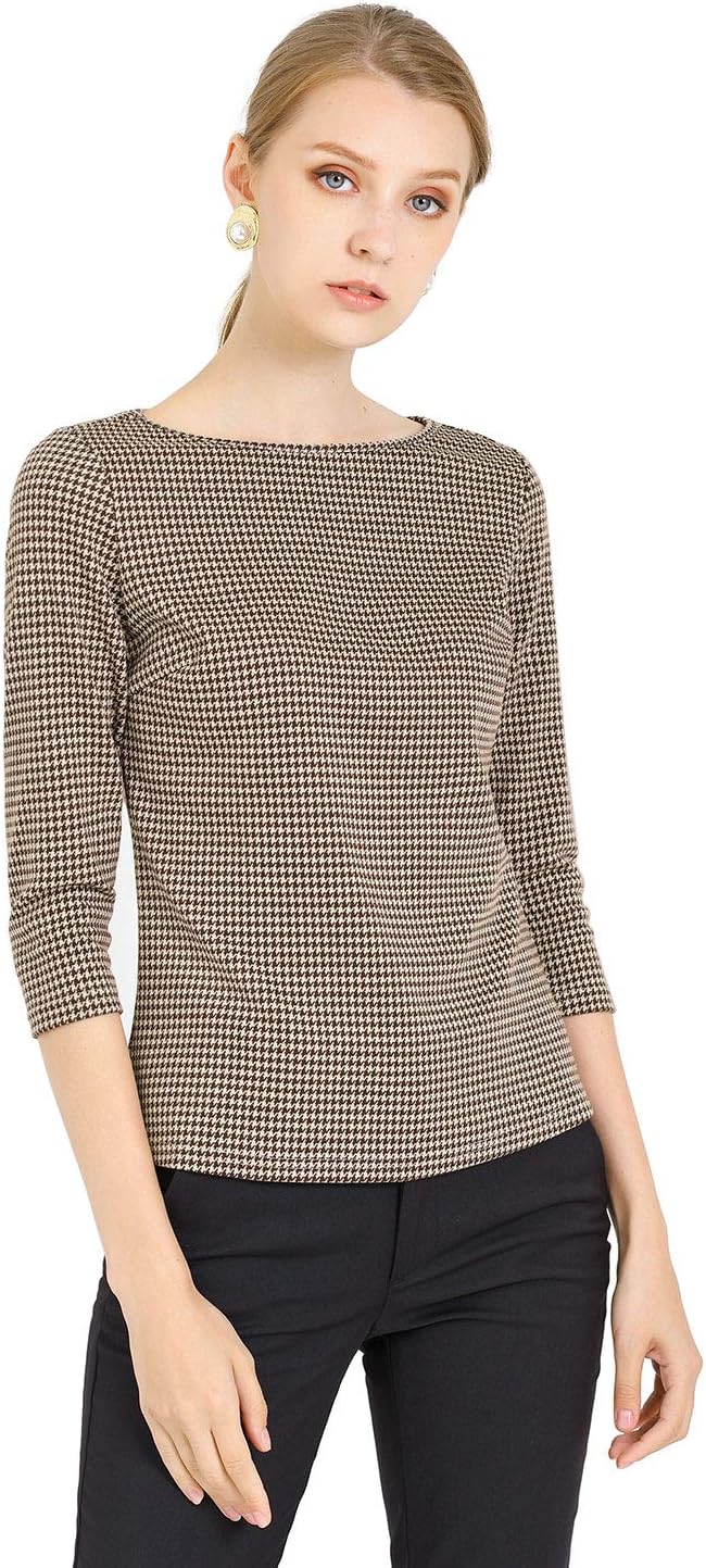 Allegra K Women's Check Top Boat Neck Work Tops 3/4 Sleeve Plaid Houndstooth Blouse Fall Outfits