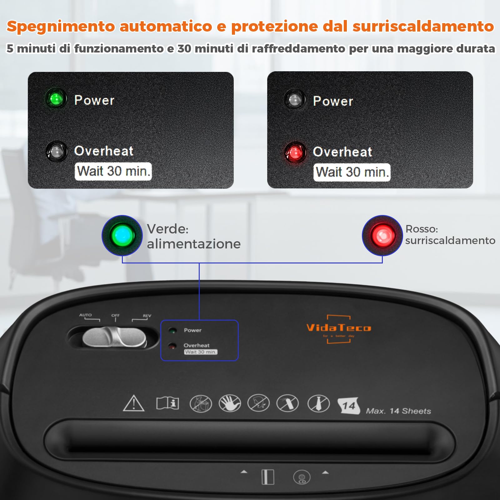 Tritacarte Distruggi documenti ufficio, VidaTeco Trituratore a 14 Fogli a Taglio Incrociato con Funzione Distruggi CD e Carte di Credito, Design con Impugnatura Portatile e Cestino da 25 litri