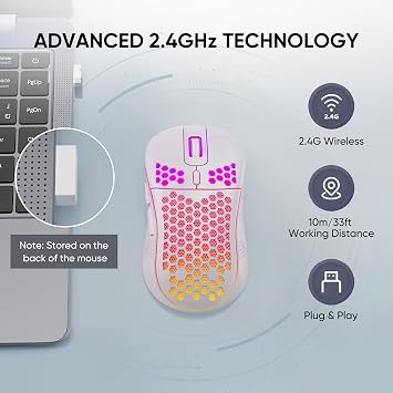MELOGAGA Wireless Gaming Mouse Honeycomb 2.4G USB Cordless Mouse RGB Rechargeable PC Game Mice with 7-Color LED Lights,4 Adjustable DPI for Windows Laptop Desktop Computers -White
