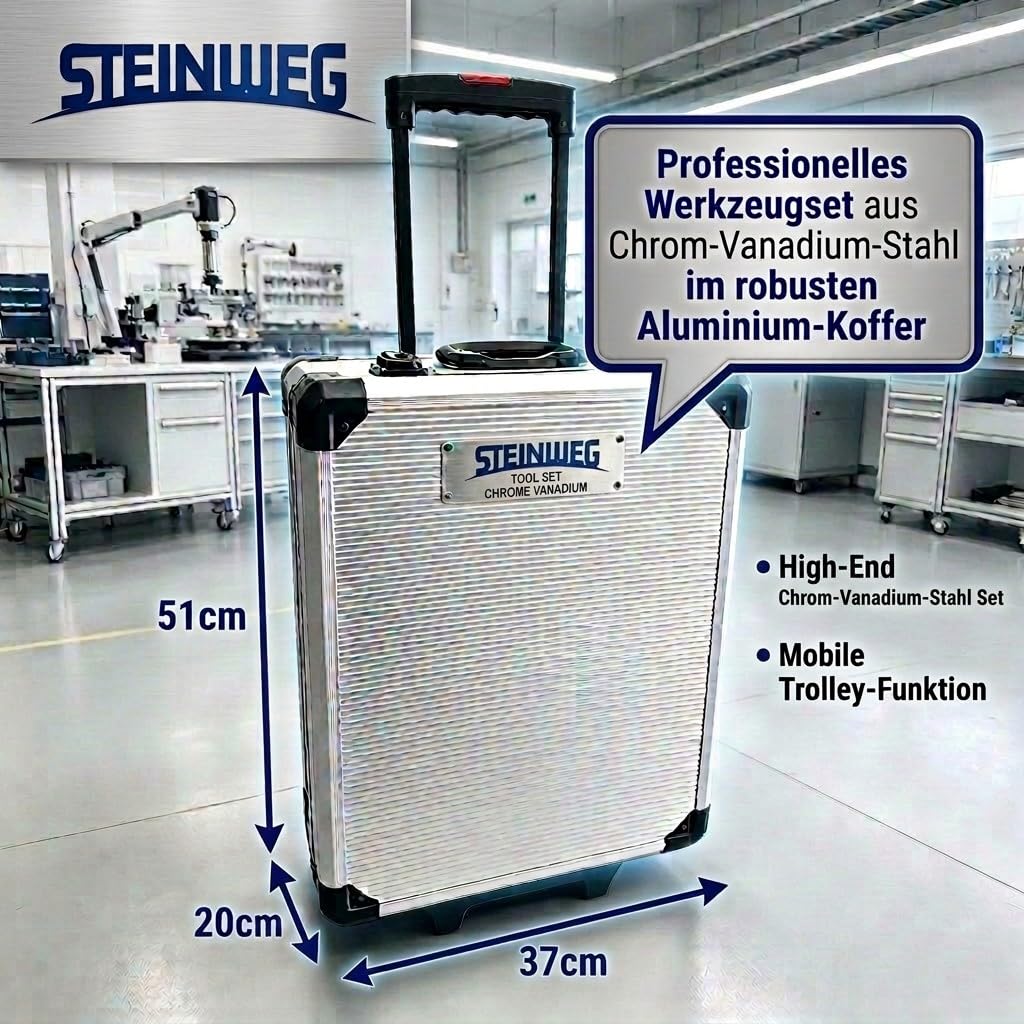 STEINWEG Aluminium Werkzeugkoffer Gefüllt 1400-tlg Werkzeug Set, Profi Werkzeugkoffer befüllt mit Schraubendreher, Schraubenschlüssel, Steckschlüssel, Zange, Hammer, Wasserwaage, komplett mit Werkzeug