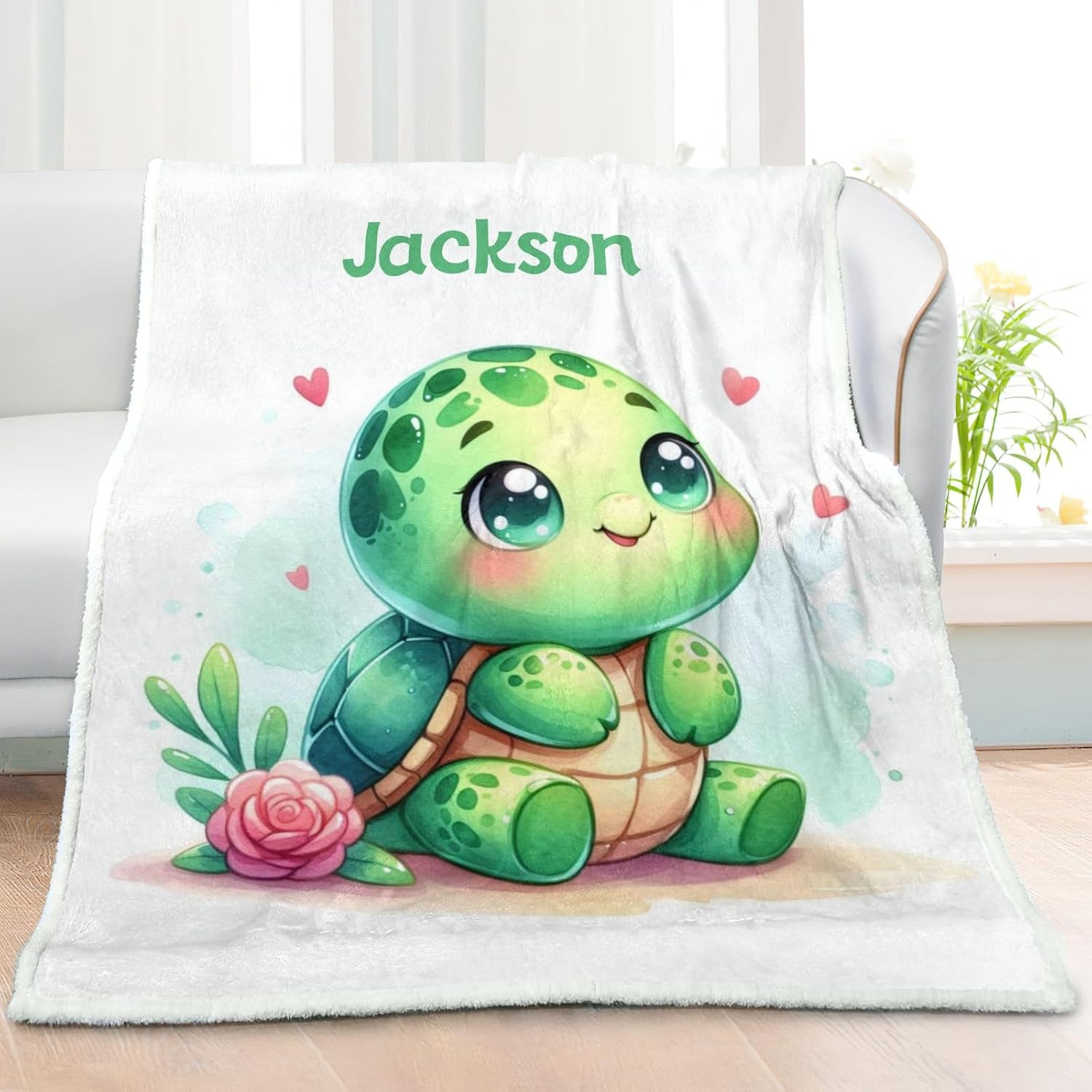 Green Sea Turtle Fish Personalized Sherpa Baby Blankets for Boys Girls,Soft Newborn Naps Custom Name Blanket for Shower Gift 30x40 in
