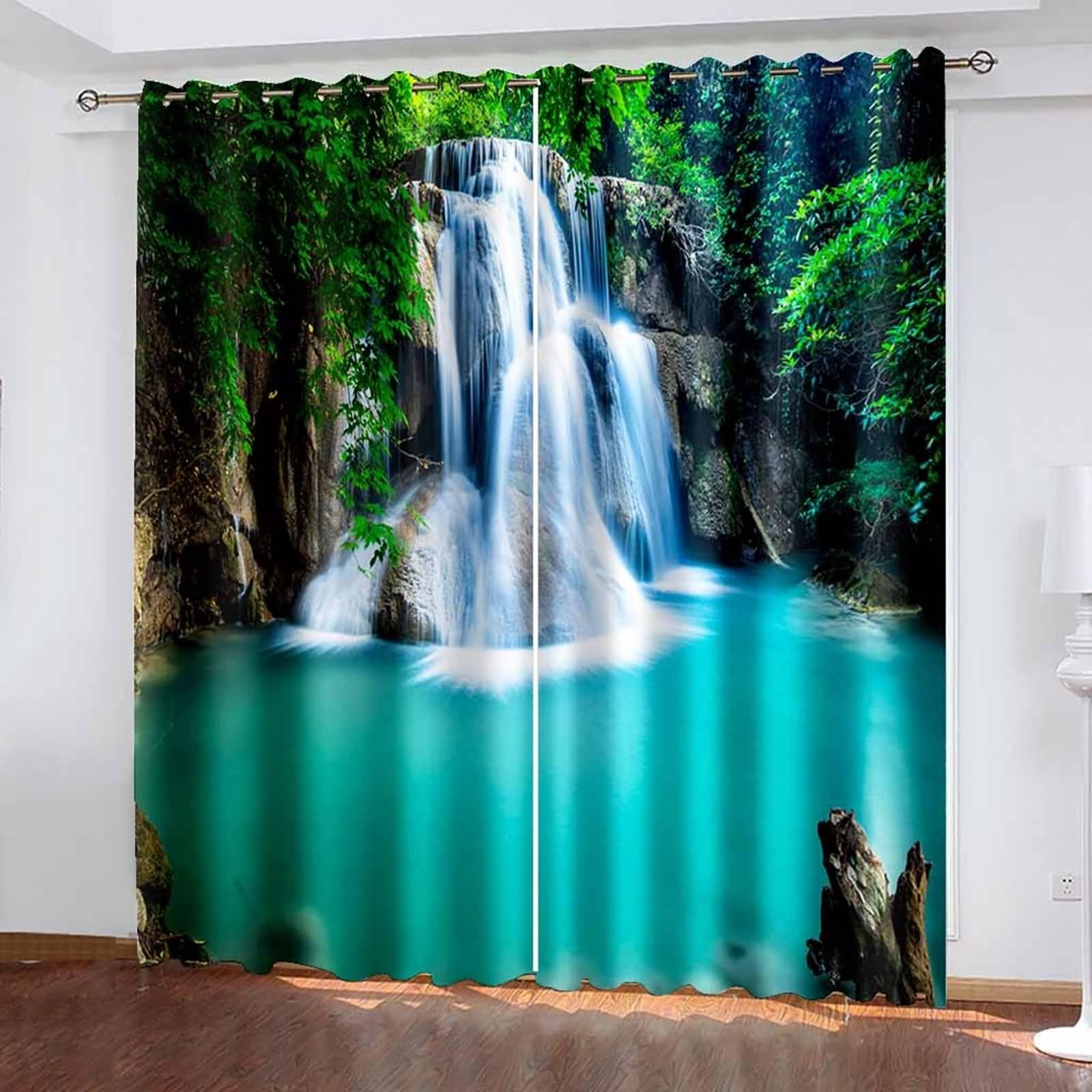 Fenstervorhänge Modern, 214x214cm Grün Weiß Natürliche Wasserfalllandschaft Vorhang für Schlafzimmer