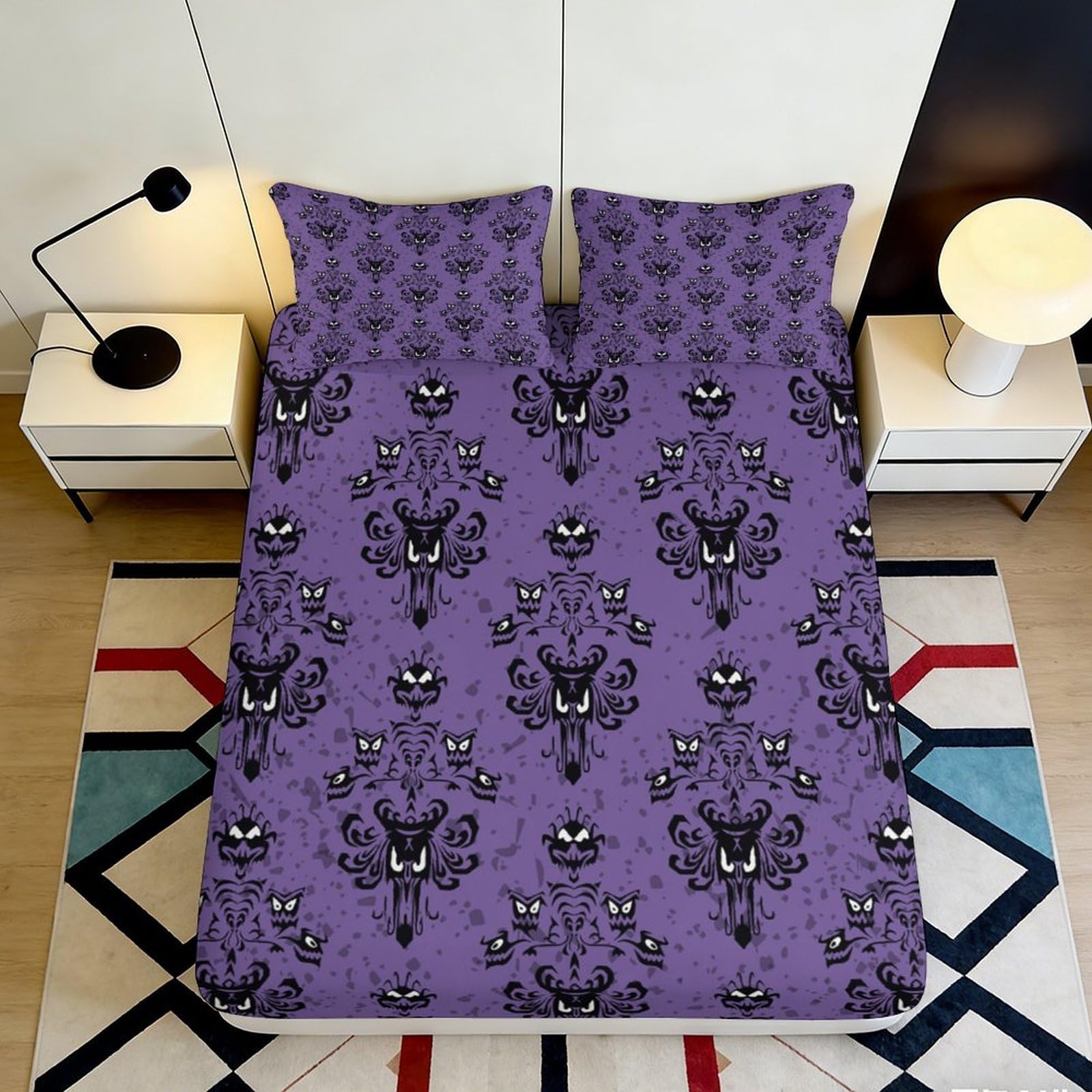 3D Printed Gothic Purple Fitted Sheet Microfiber Soft Breathable Haunted Mansion Mattress Cover for Bedroom Guest Room Decor 90x200x25cm