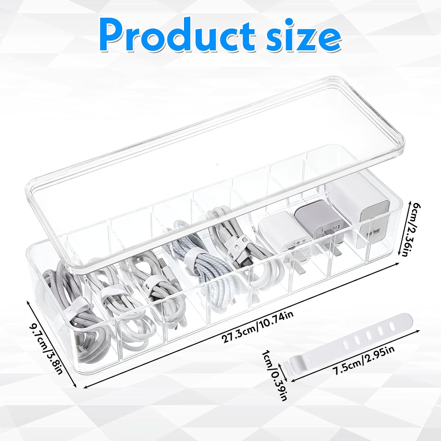 4 Pcs Cord Storage Organizer Clear Plastic Cable Storage Box with 40 Silicone Wire Ties, Cord Organizer Box with Lid for Home Office Desk Organization, Jewelry and Accessories