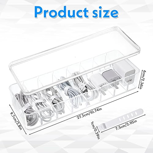 Miniatura 2 de Caja organizadora de cables de plástico transparente de 4 piezas con 40 lazos de silicona, caja de almacenamiento de cables con tapa para