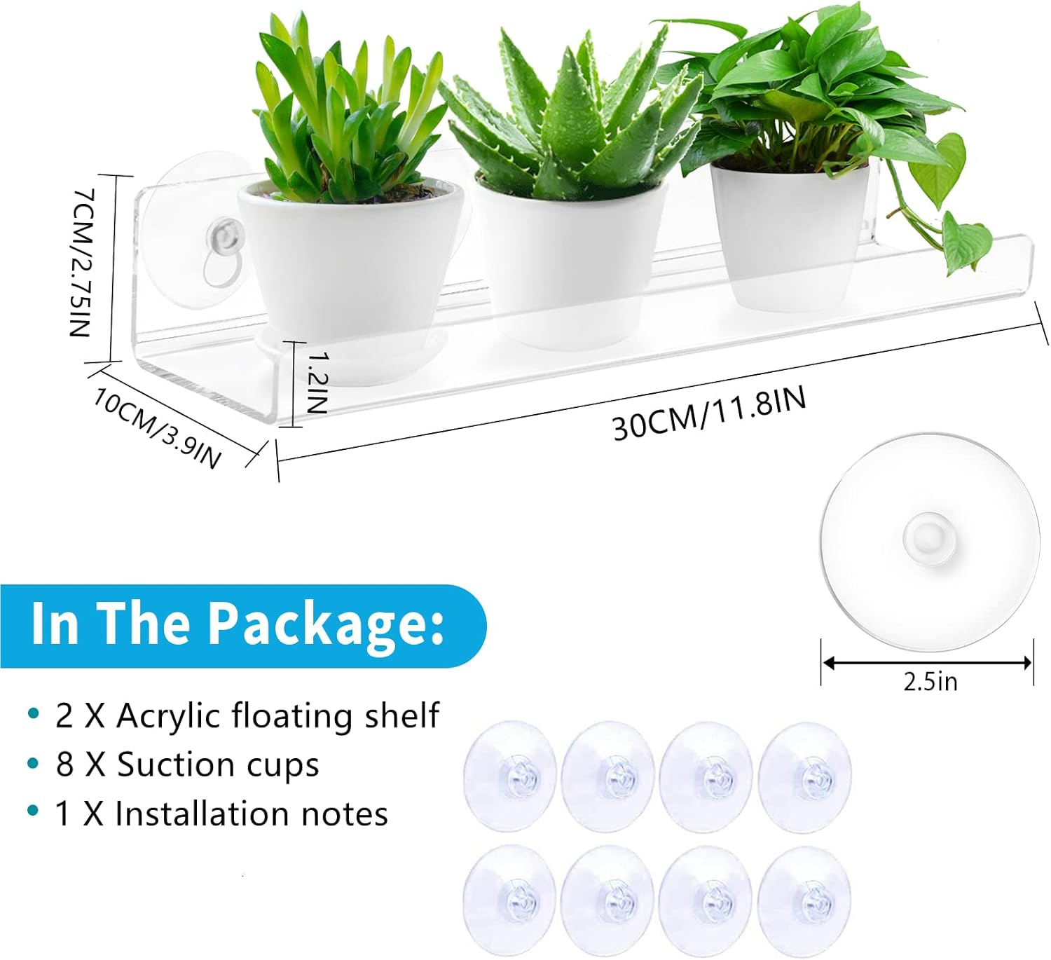 2 Pack Suction Cup Shelf for Plants Window, 12 Inch Acrylic Window Sill