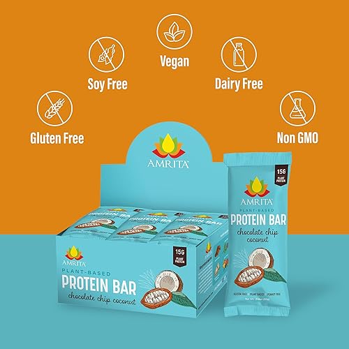 Miniatura 3 de Amrita Barras de coco con chispas de chocolate, veganas, sin gluten, con alto contenido de proteínas a base de plantas, alto contenido de fibra, sin