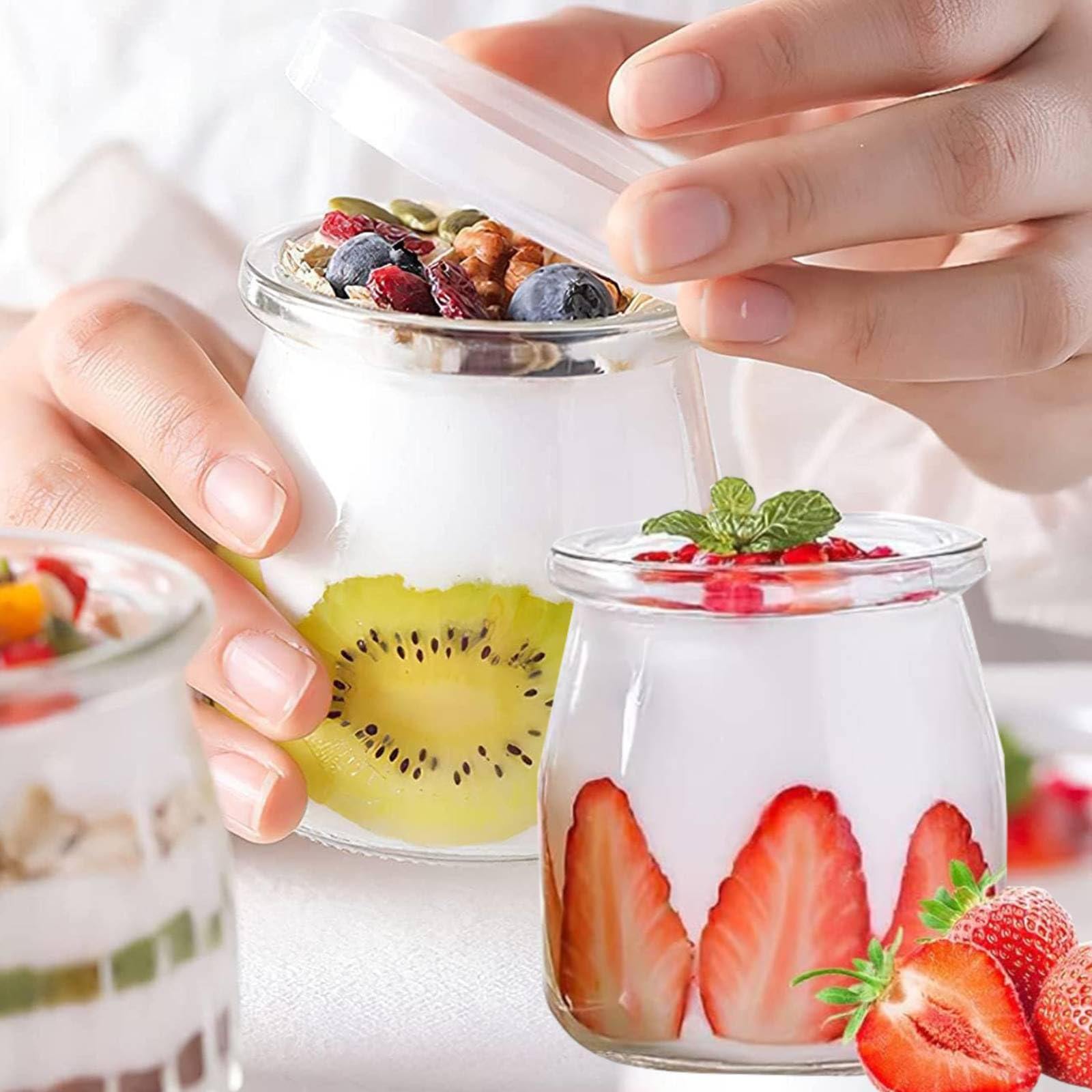 Tarros de yogur transparentes con tapa (10 unidades), para mermelada, miel, postres, velas, lavavajillas, congelador y microondas, sin BPA (200 ml)