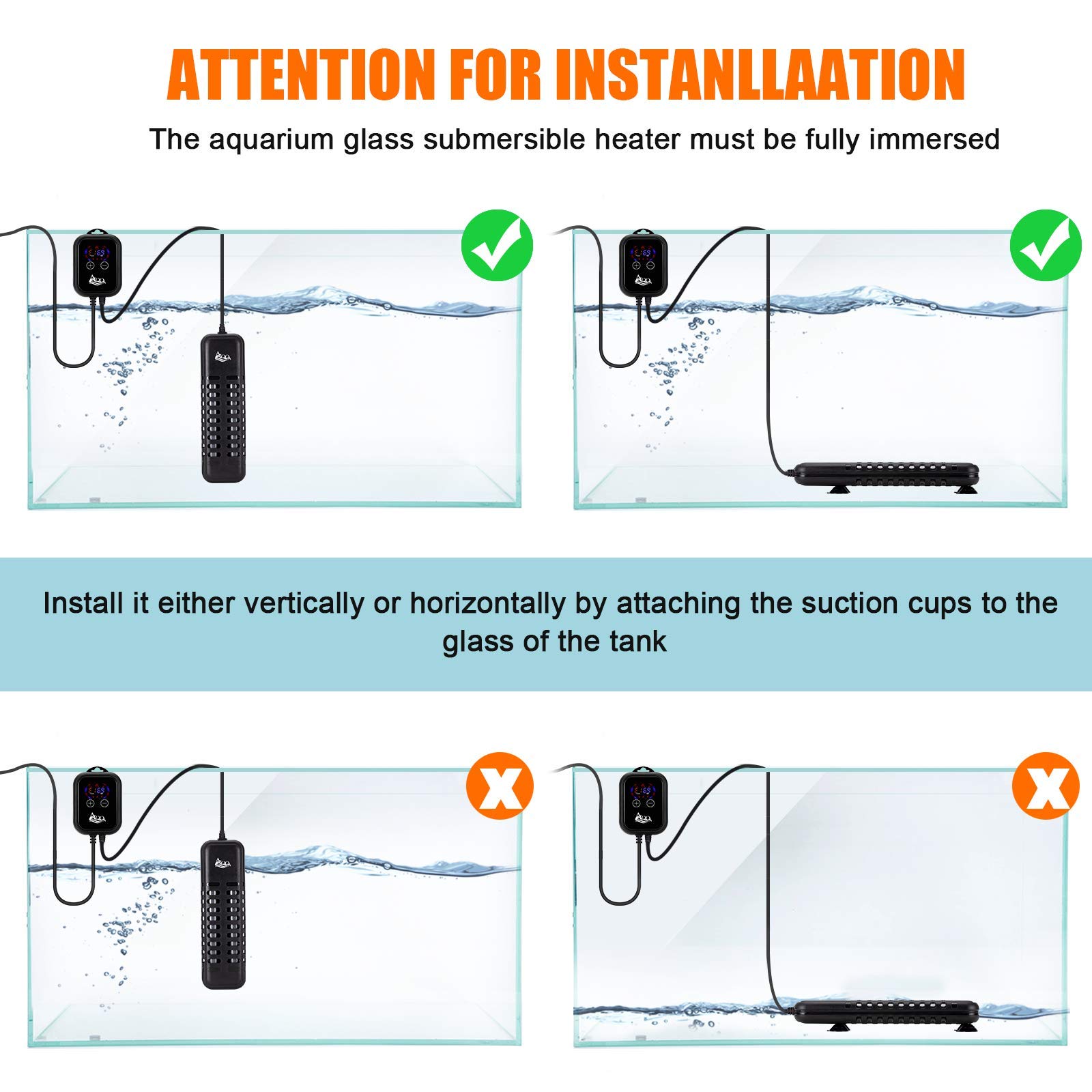 AQQA - Calentador de acuario, calentador de tanque de peces de 1000 W, sumergible Betta para termostato de acuario, calentador de estanque para agua dulce y salada (1000 W para tanque de 120-280