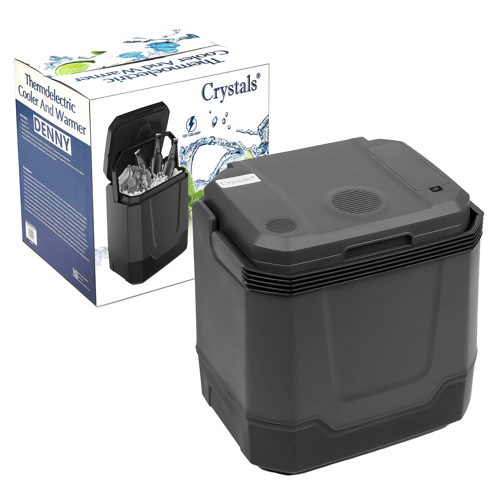Crystals 33L Electric Cool Box for Car & Home - Hot & Cold Thermoelectric Cooler, 12V DC & 240V AC, Portable Camping Fridge for Travel, Picnic, Office, Boat (33L Grey)