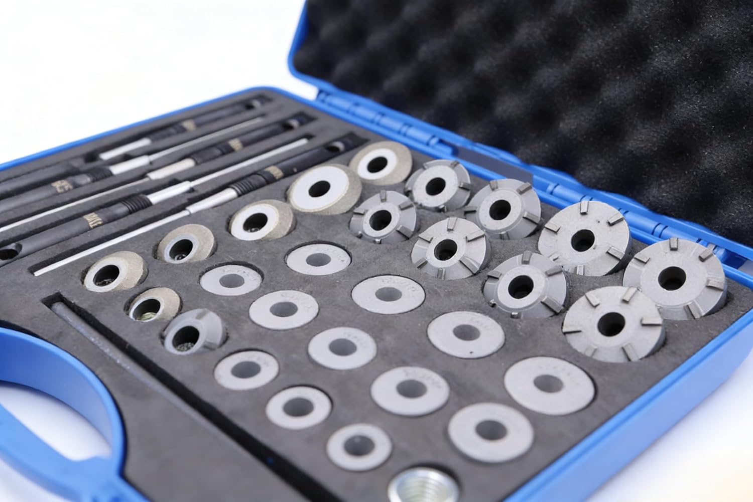 34Pcs Valve Seat Cutter & Grinding Wheel Set, Carbide Diamond Valve Reamer Tool Kit with 5-8mm Guide Pilots for 22-38mm Valves (30°-75°), Universal Automotive Engine Cylinder Rebuild Tool