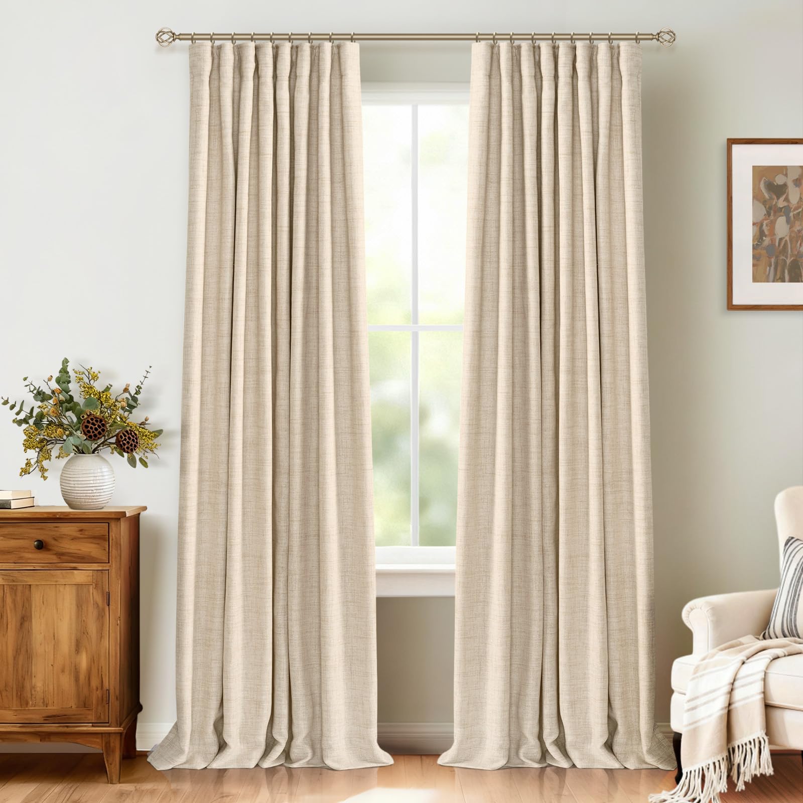 100% Blackout Shield Full Blackout Curtains for Bedroom 90 inch Length 2 Panels Set, Clip Rings/Rod Pocket Faux Linen Black Out Curtains for Living