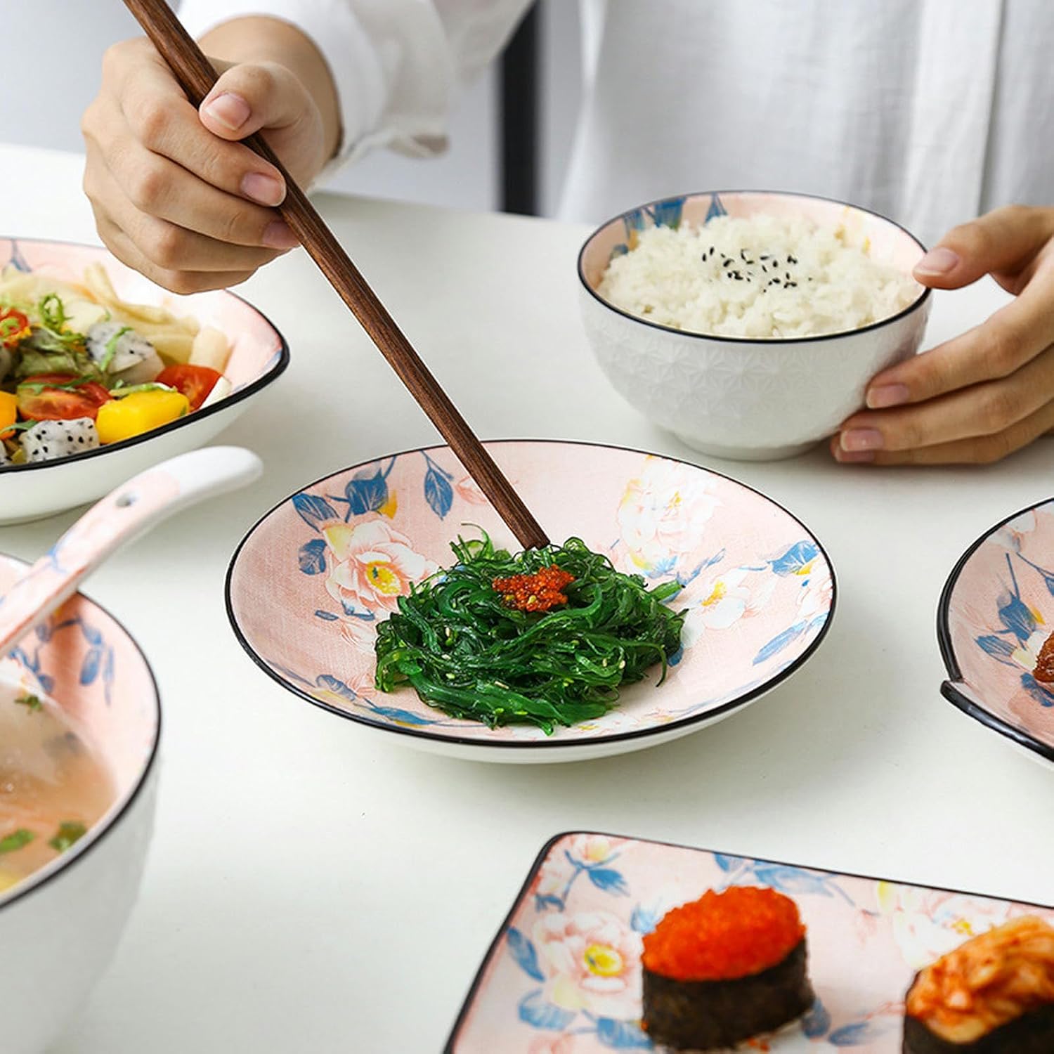 Vintage Rice Bowls ，Ceramic Tableware Rice BowlChinese-style camellia underglaze ceramic household meal plate, plates spoon soup bowl rice bowl(Rectangle plate-Camellia)