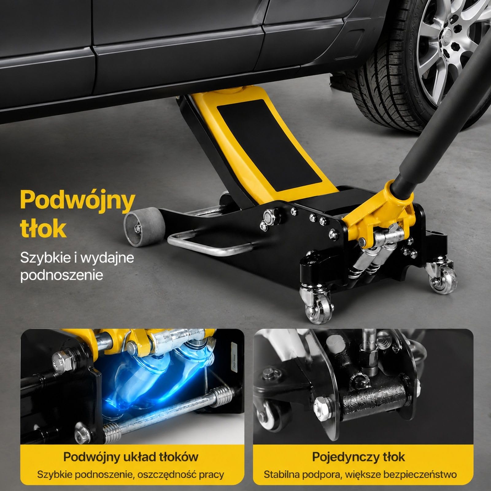 Hydrauliczny podnośnik podłogowy z kołami 360°, udźwig 2,5 t, dwutłokowa pompa szybkiego podnoszenia, żółty czarny, do kompaktowych SUV-ów