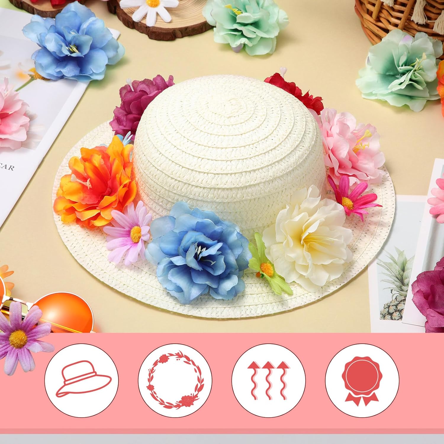 Mepase 70 Pcs DIY Cowboy Kids Hat Set with Flowers - 10 Straw Hats, 60 Artificial Flowers for Tea Party and Dress Up