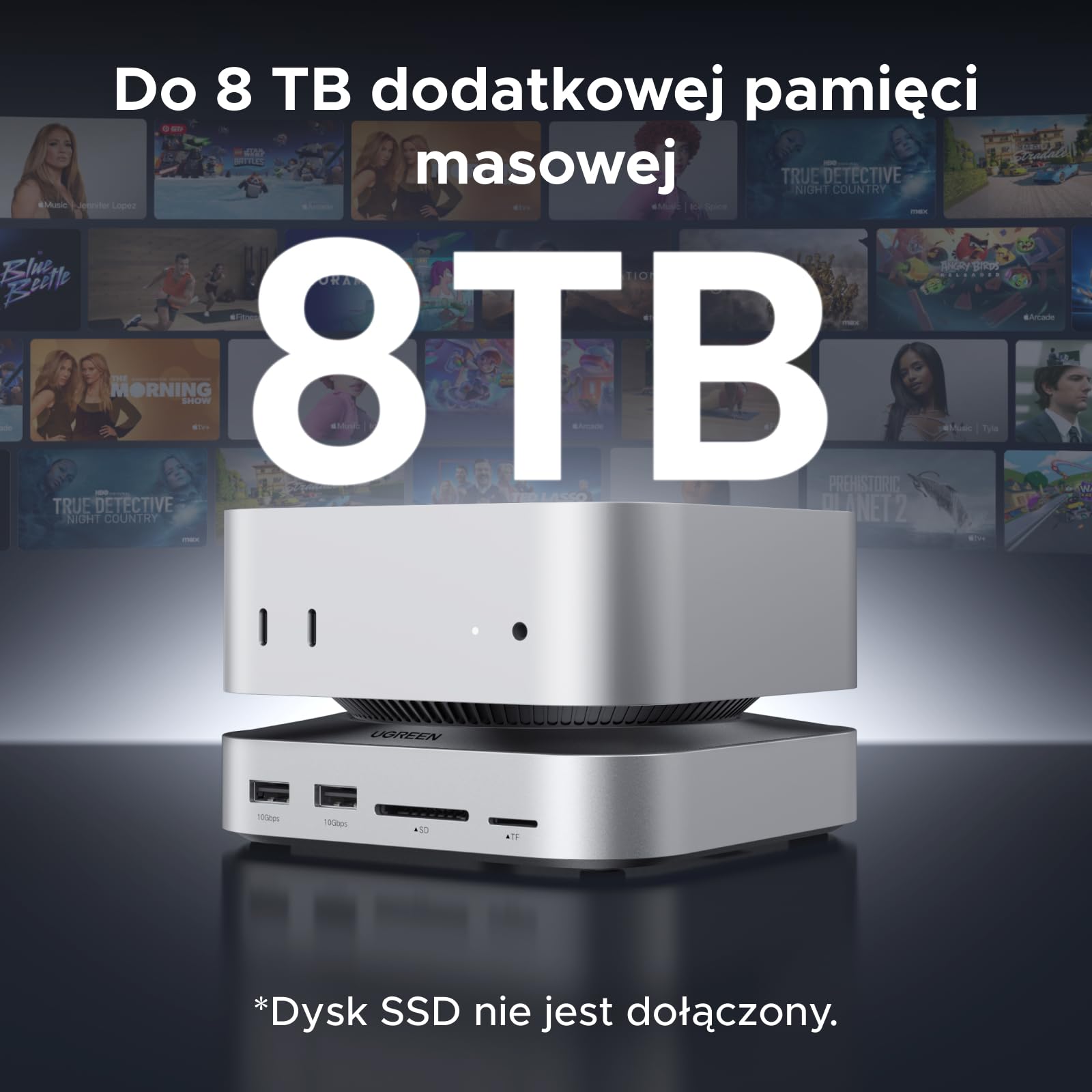 UGREEN Mac Mini M4 dok z 4K DisplayPort do konfiguracji z dwoma monitorami, portami USB 10 Gb/s, dyskiem SSD M.2 NVMe, czytnikiem kart SD/TF i gniazdem audio 3,5 mm Kompatybilny z Mac Mini M4/M4 Pro