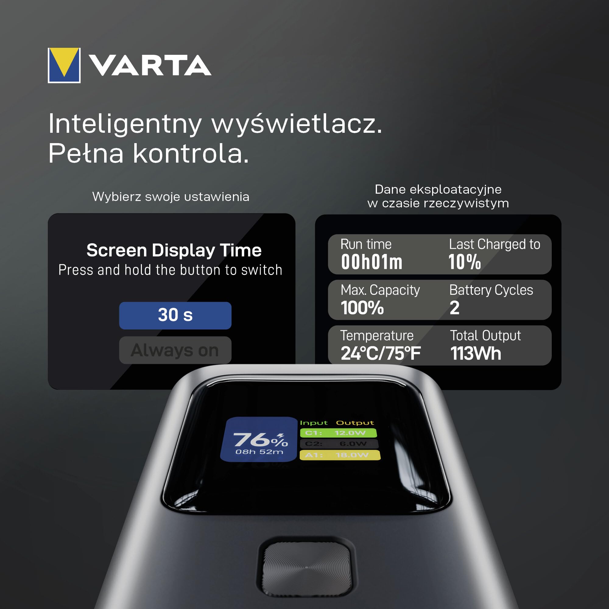 Superszybki VARTA Power Bank 140 W 27000mAh, 2x USB-C, 1x USB-A, powerbank do laptopa, smartfona i tabletu, wyświetlacz cyfrowy, zdolny do lotu, w zestawie kabel 140 W