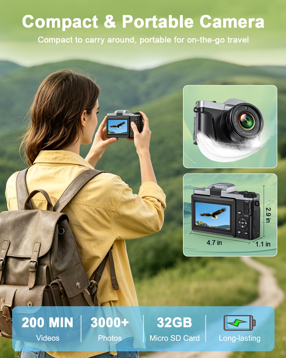 Cámara digital 4K con WiFi 64MP enfoque automático cámara de vlogging cámaras de viaje compactas para fotografía, pantalla abatible de 3 pulgadas 180°, zoom 16X, flash antivibración, tarjeta de 32 GB