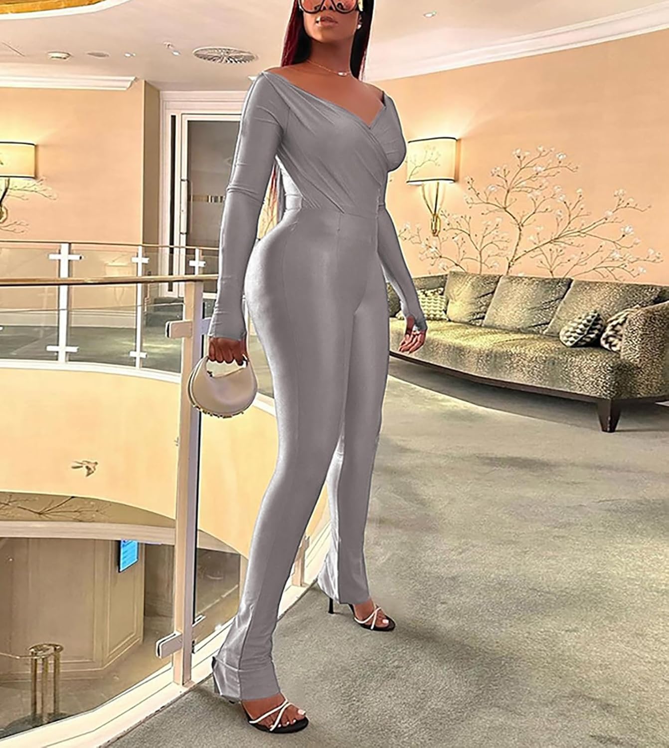 Womens Sexy 2 Piece Outfits Off Shoulder Deep V Neck Tops Slit Hem Flare Pants Sparkly Jumpsuit Set Clubwear - Image 4