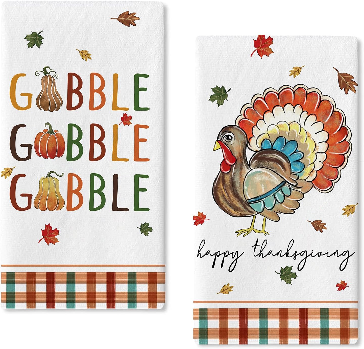Seliem Happy Thanksgiving Turkey Gobble Kitchen Dish Towels Set of 2, Fall Pumpkin Maple Leaves Hand Towels Drying Baking Cooking Cloth, Autumn Buffalo Plaid Farmhouse Home Kitchen Decor 18x26 Inch