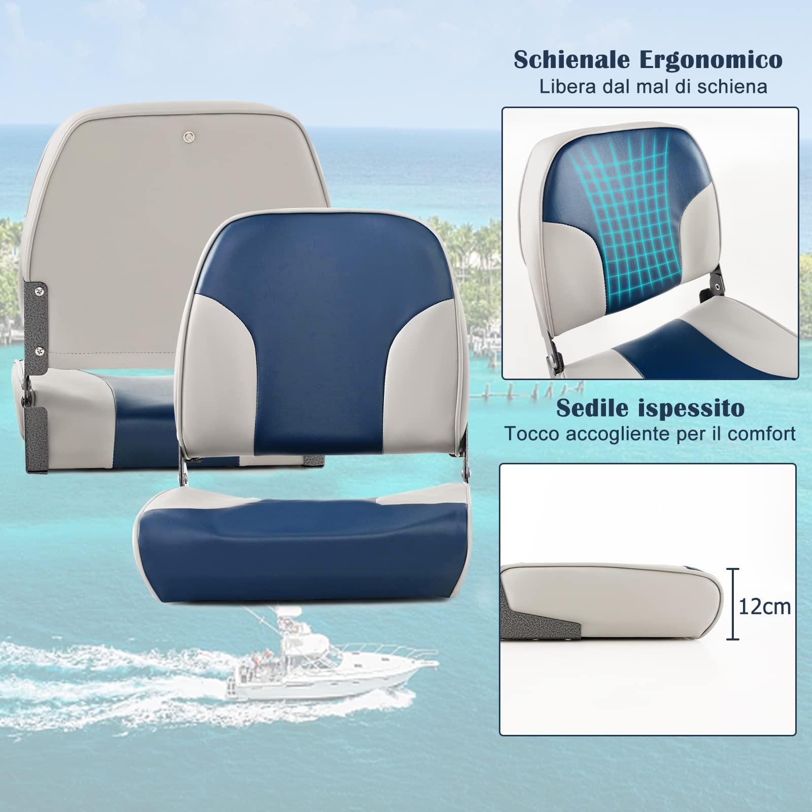 COSTWAY Sedie per Barca, con Schienale Basso, Sedile del timoniere con Tessuto Impermeabile, Imbottitura in Spugna e Cerniere in Alluminio, Adatto alla Maggior Parte delle Basi (Modello 3)