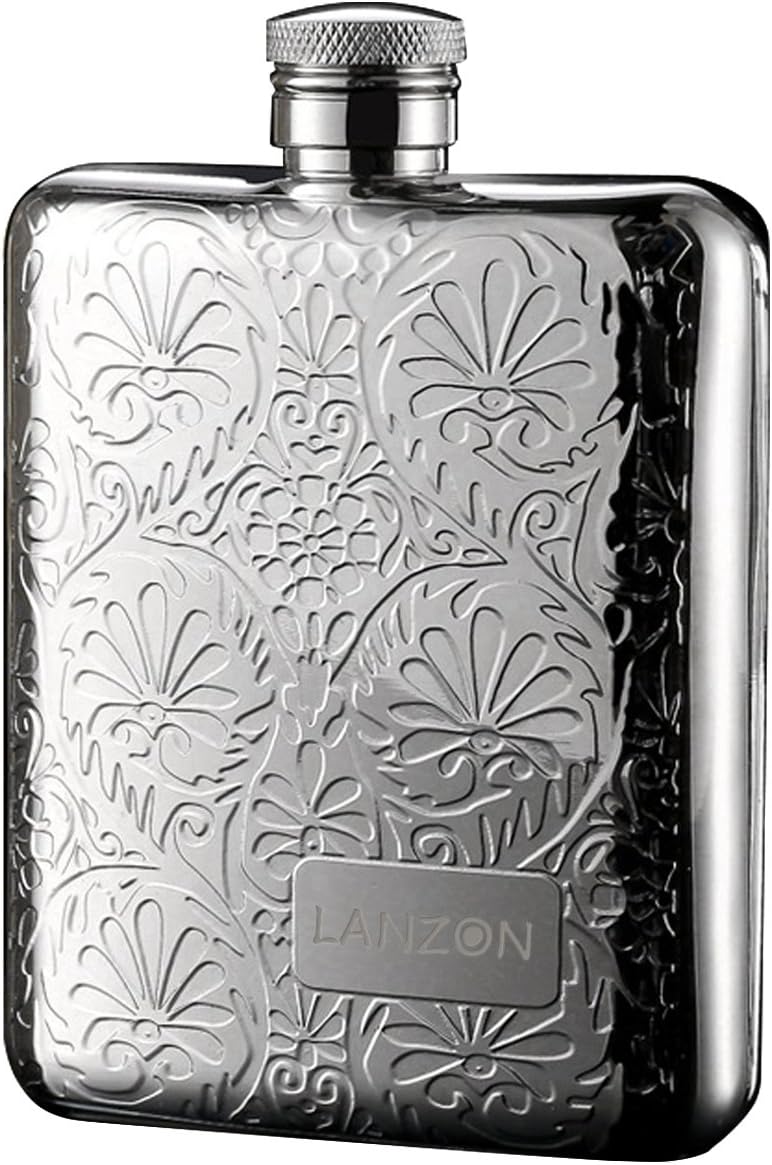 LANZON Hip Flask with Funnel, All 18/8 304 Food Grade Stainless Steel Curved Pocket Flask for Liquor | 6 OZ Capacity | Gift Boxed (Flower Pattern)