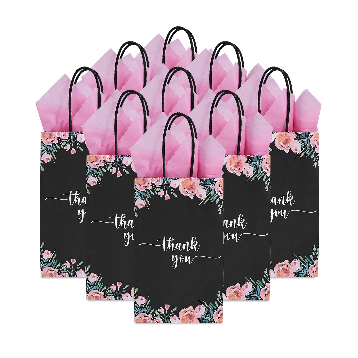 DjinnGlory 50 Pack Small Black & Floral Paper Gift Bags with Handles and Pink Tissue Paper for Boutiques, Weddings, Birthdays, Care Packages, 9 x5.5