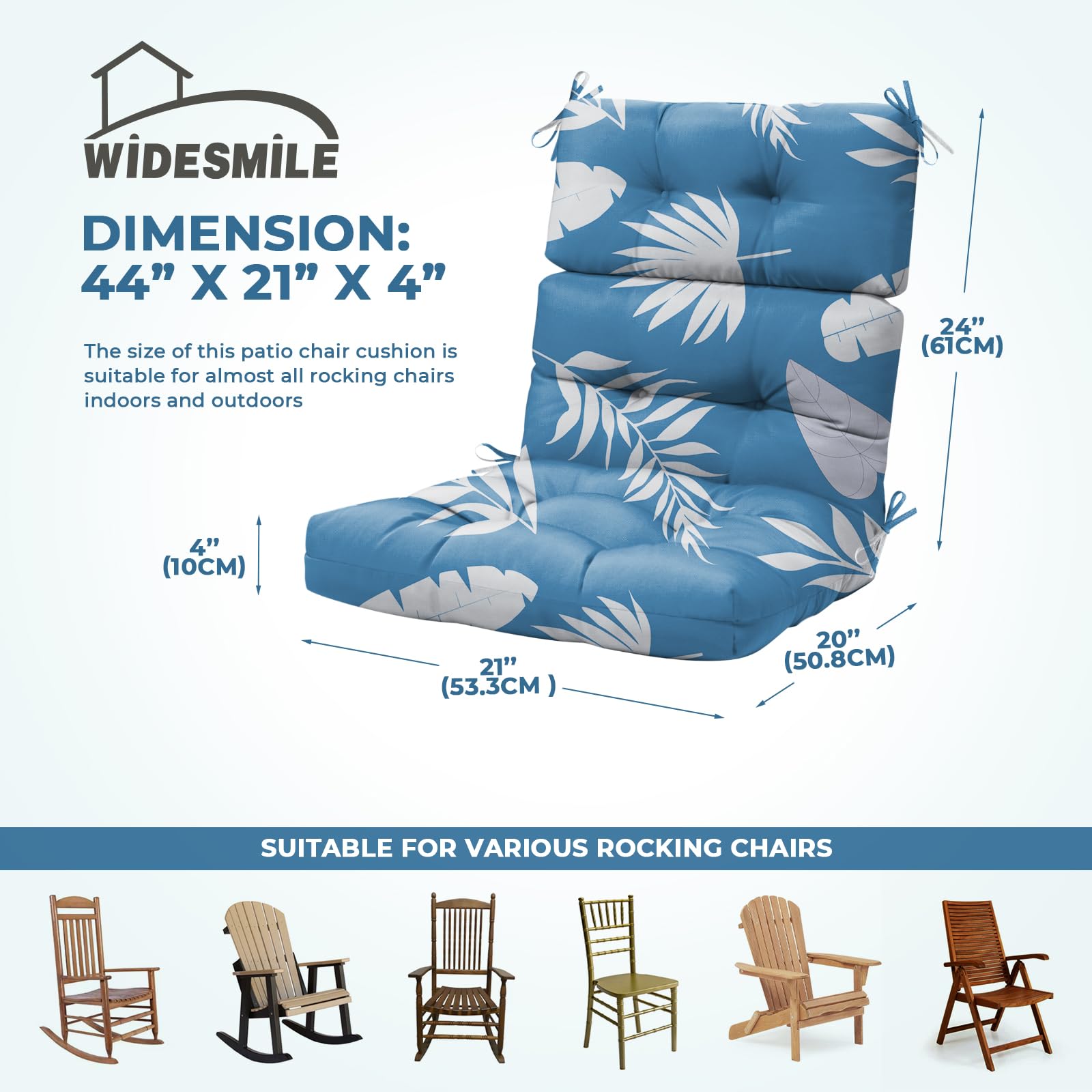 Outdoor-Sitzkissen, wasserdicht, verdickt, 112 x 53,3 x 10 cm, Adirondack-Stuhlkissen mit Bändern, hohe Rückenlehne, Schaukelstuhlpolster für Terrassenmöbel, blaues Blatt