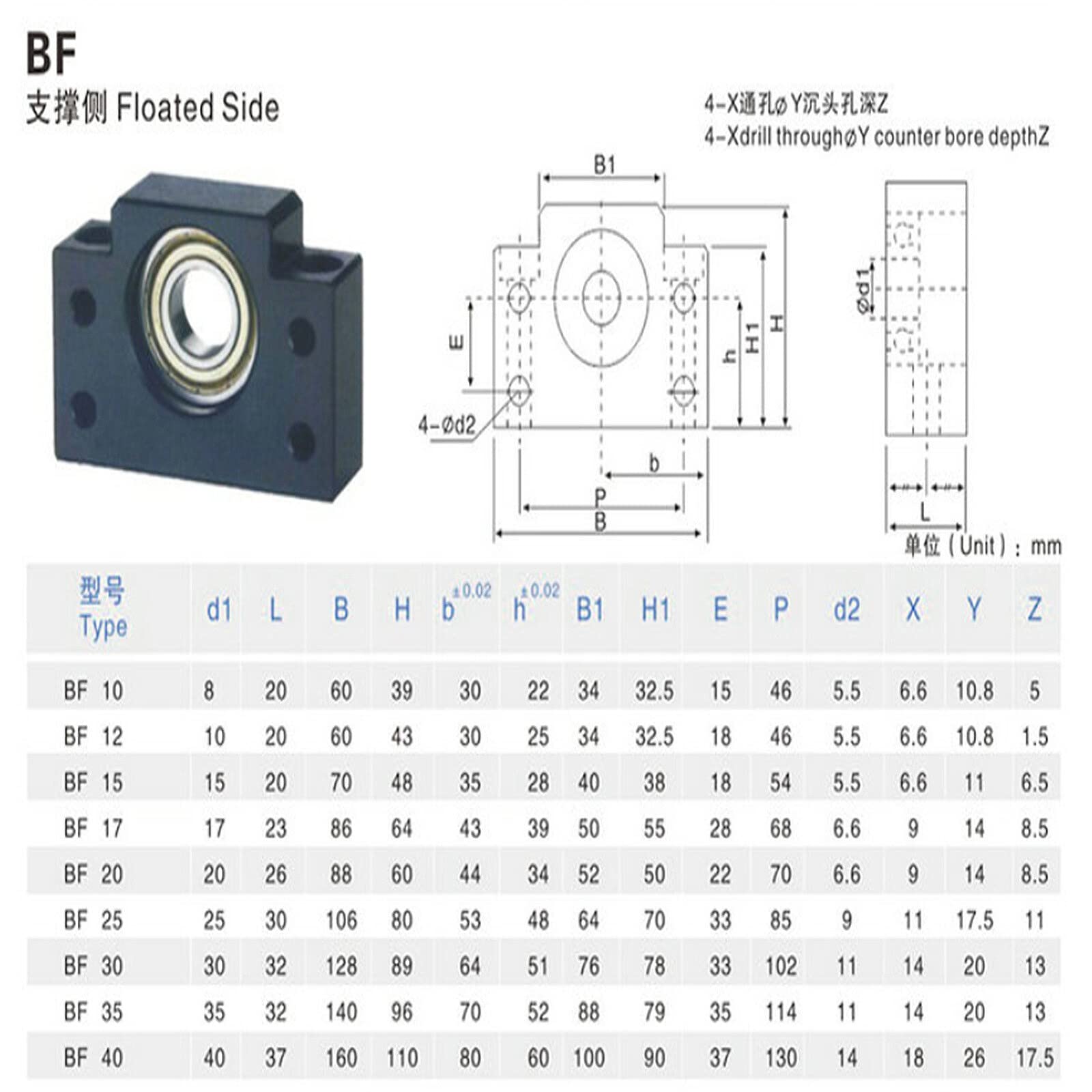 1 lot de supports d'extrémité de vis à billes flottants BK10 BF10 pour supports de roulement à vis à billes SFU1204