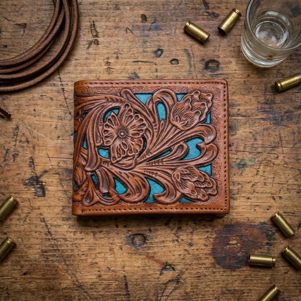 Men’s Short Leather Wallet – Laser Cut Floral Pattern Bifold in Multiple Colors – Compact Western Wallet for Cowboys, Ranchers & Everyday Carry