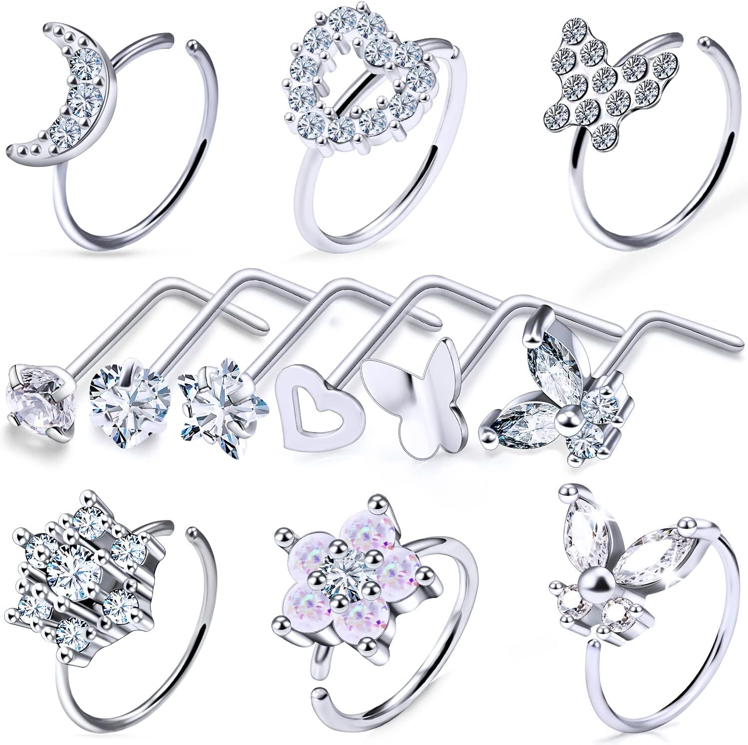 20g Nose Rings Hoops Studs Piercings Jewelry for Women Men Silver Rose Gold Rainbow Surgical Steel l Shaped Bar Hypoallergenic Butterfly Nostril