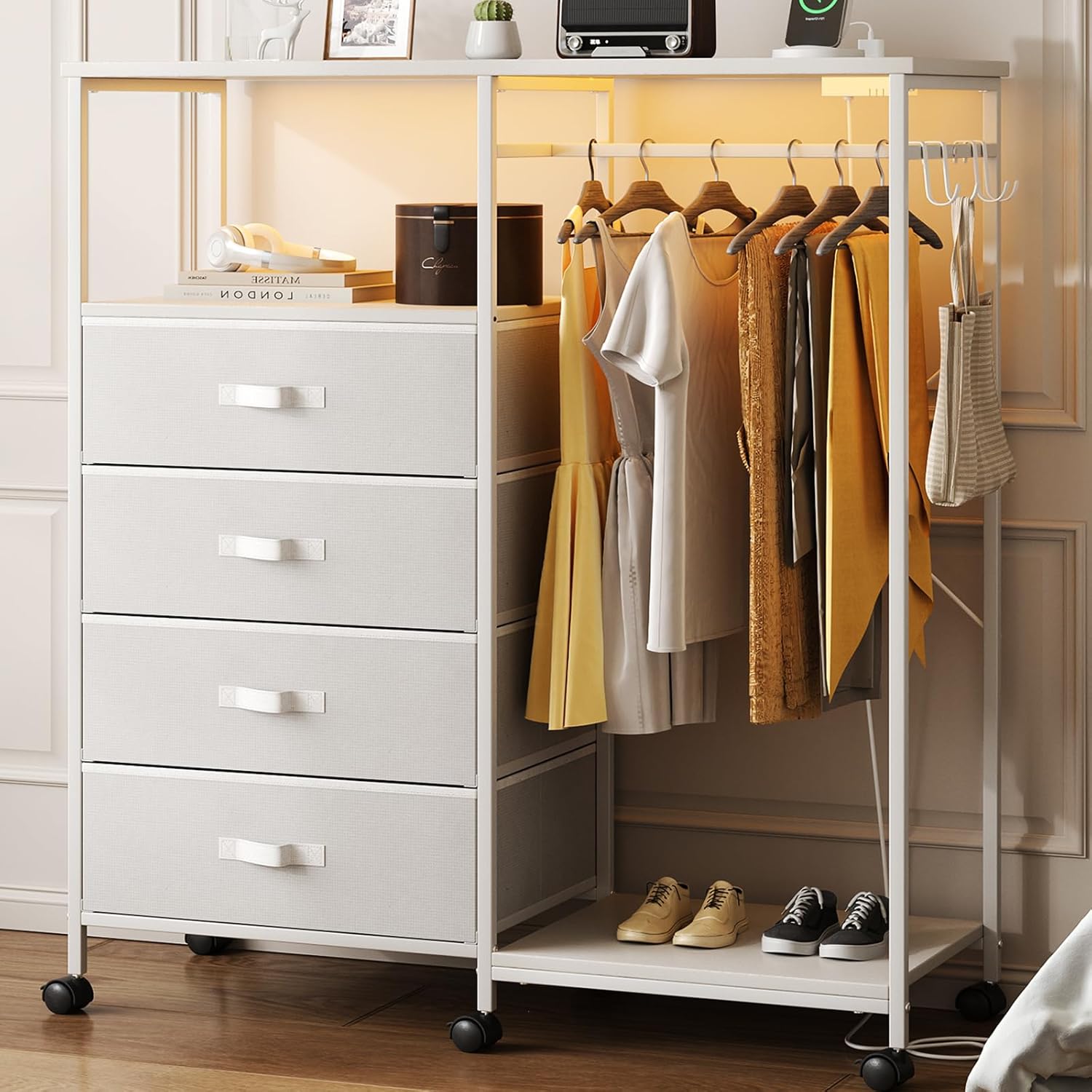 Fabric Dresser with Clothes Rack, 4 Drawers Dresser for Bedroom with Charging Station and LED Lights, Chest of Drawers with Wheels, Steel Frame, Wood Top, for Bedroom, Closet, White
