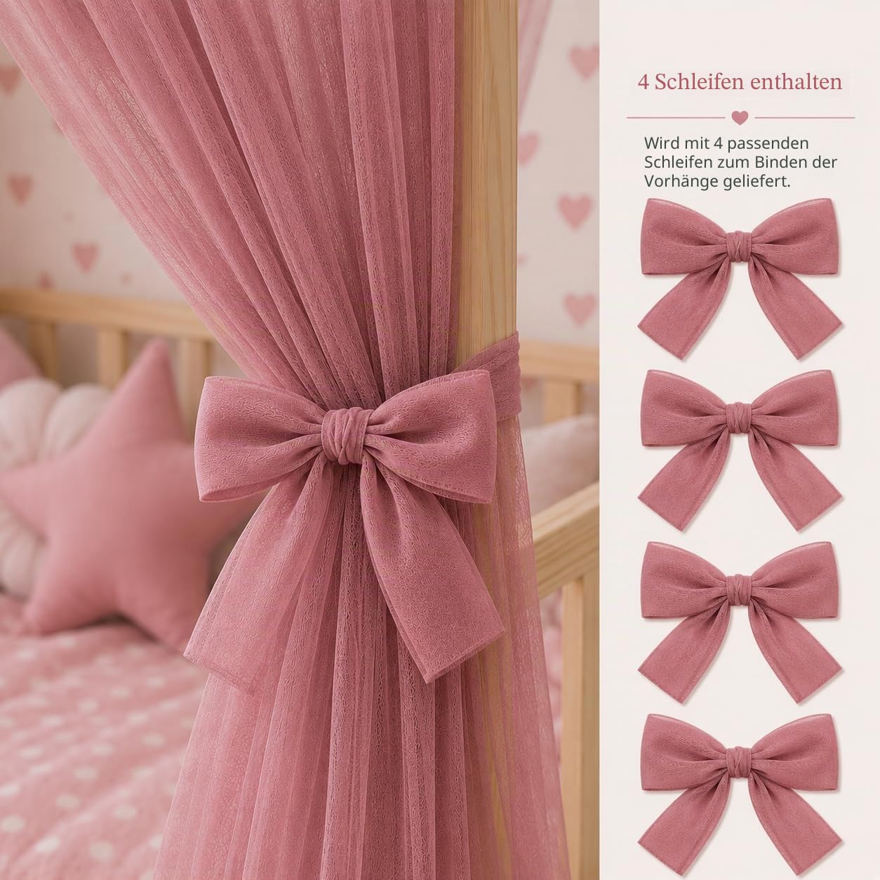 Baby Fancyroom Betthimmel für Hausbett, Bettvorhang aus Tüll, Beige, 2er Set mit Schleifen und Pompomgirlande, Baldachin für Kinderbett Mädchen (Altrosa, 340cm, mit Pompomgirlande)