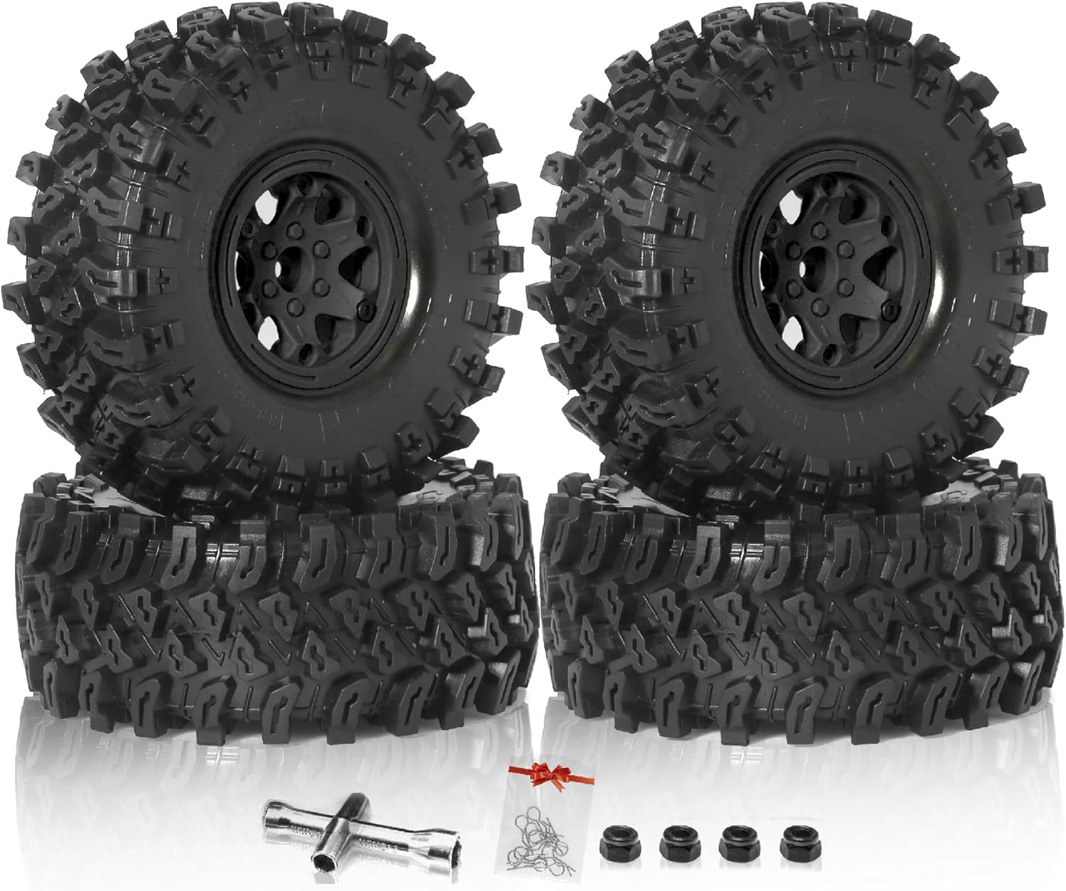 REDSPIDER 2.2 beadlock wheels and tires set（4Pcs），Plastic wheels with lightweight design，All terrain tires.For 1/10 Scale Rock Crawler Car Axial SCX10 90047 D90 TF2 Tamiya CC01 TRX4 (Black)