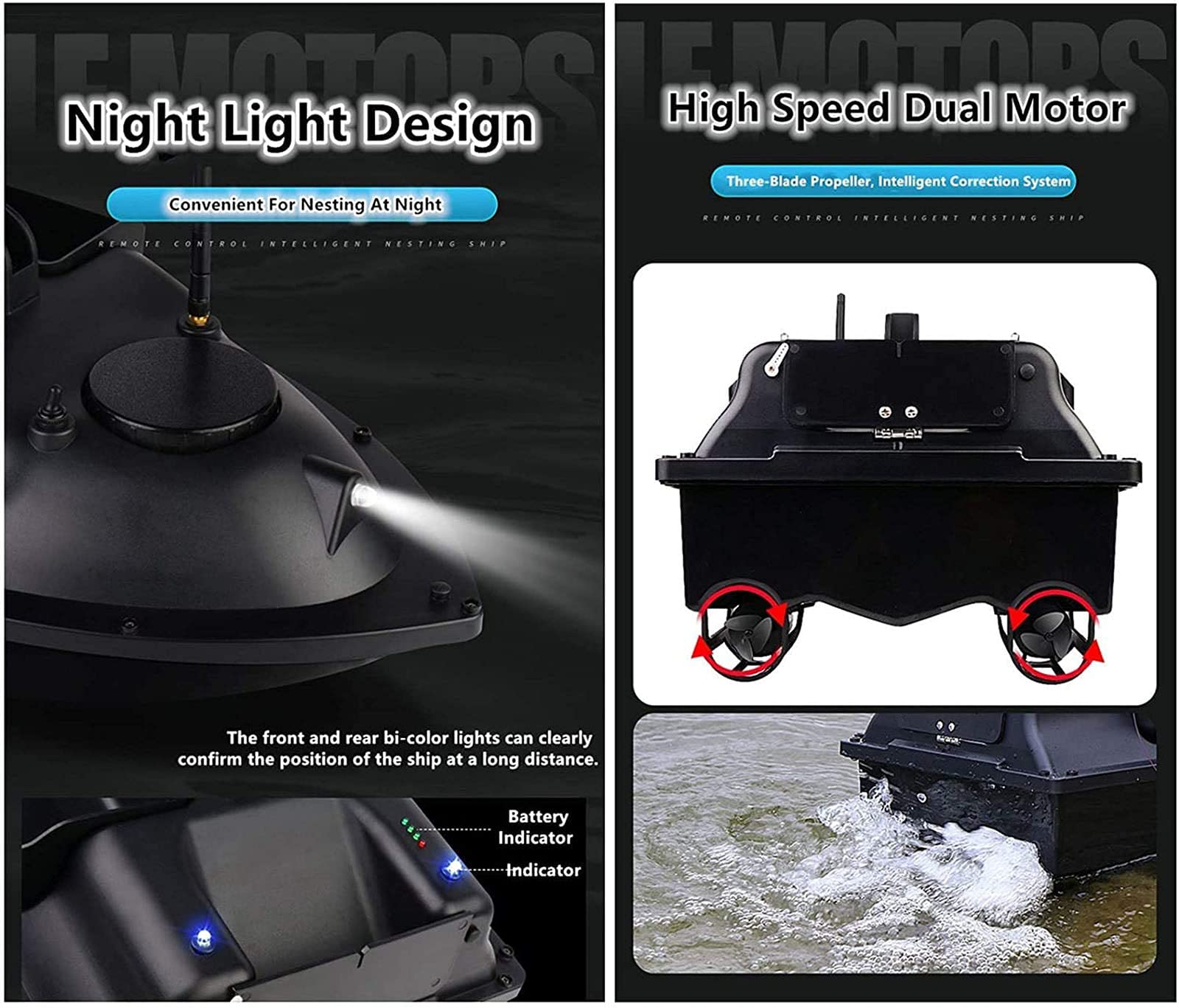Barco Control Remoto,Barco cebador carpfishing, 500M Buscador de Peces de Control Remoto, Llevar 2 Kg Señuelo de Pesca, con Doble Motor y Luz Nocturna para Piscinas y Lagos