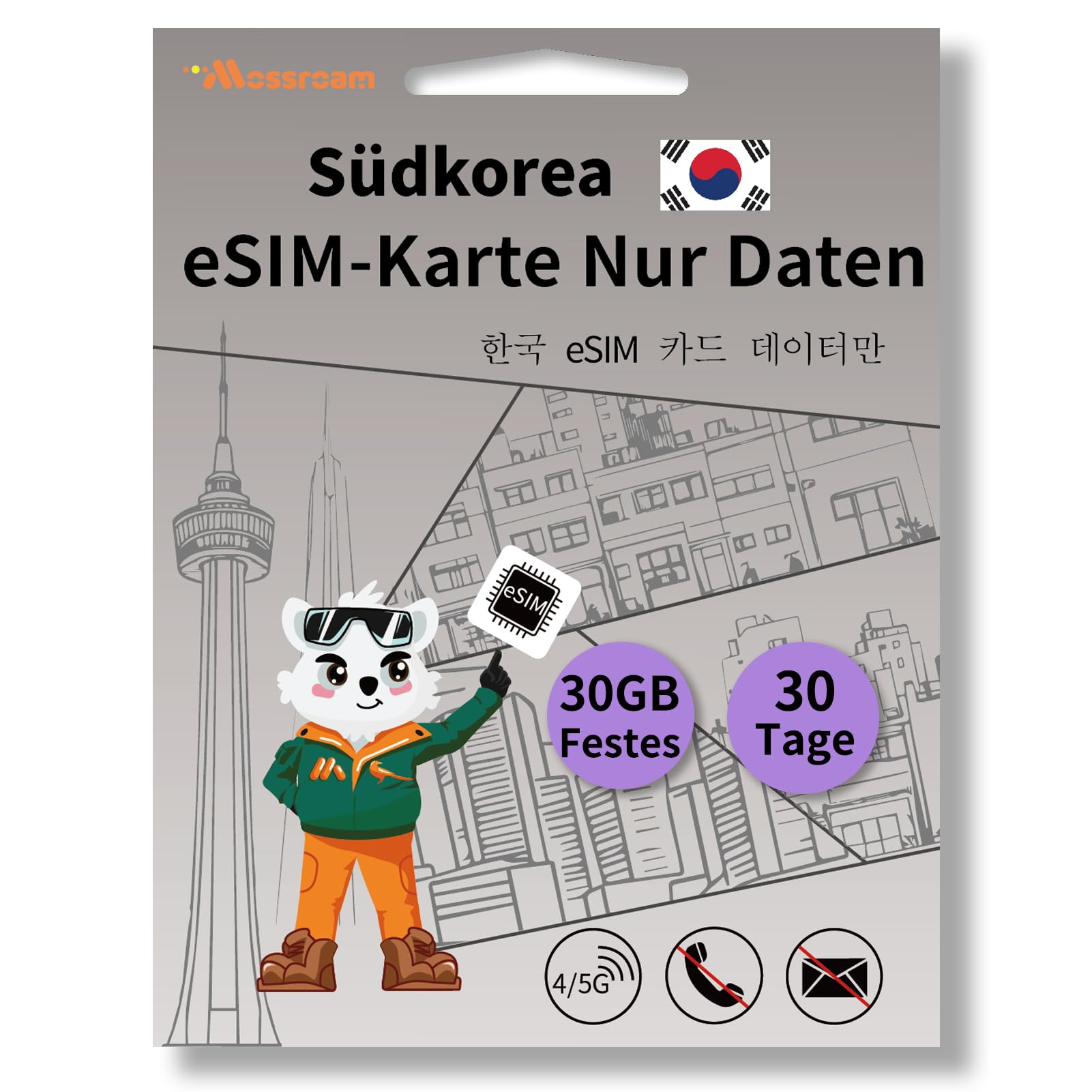 Südkorea eSIM-Karte – Prepaid-Datentarife | Festnetzdaten 30 GB, 30 Tage | Highspeed 4G LTE | Ideal für Reisende