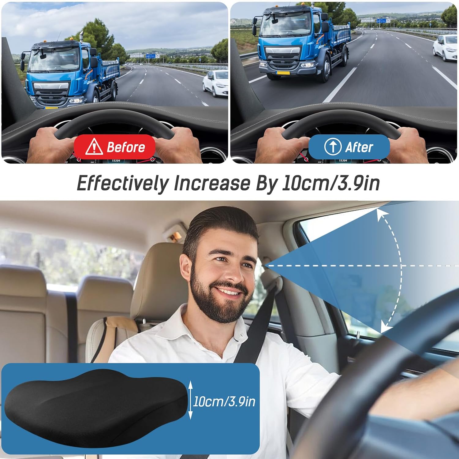 Adult Car Seat Cushion, Portable Car Booster Cushion, Soft Non-Slip Car Seat Cushions for Driving, Office, Home, Effectively Increase The Field of View by 10cm/ 3.9in,Black