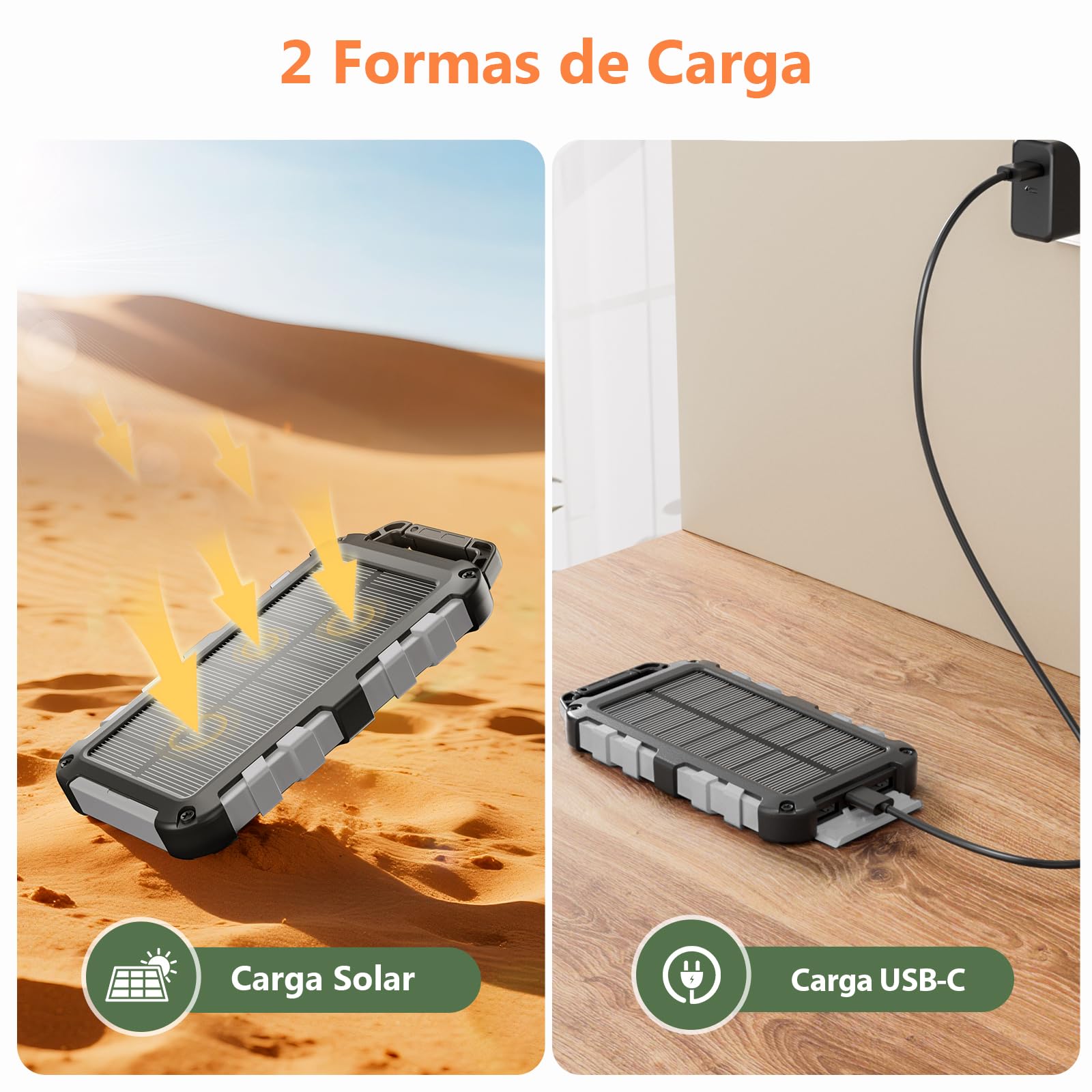 Cargador Solar 10000mAh, Power Bank Solar Batería Externa Portátil PD22.5W USB C Carga Rápida Impermeable 3 Salidas y 2 Entradas con Linterna LED para Moviles Tabletas Etc.