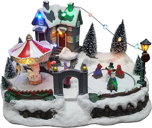 Casas de pueblo de Navidad, aldea de nieve de resina con carrusel iluminado y musical y pista de hielo, decoración de interiores para el hogar