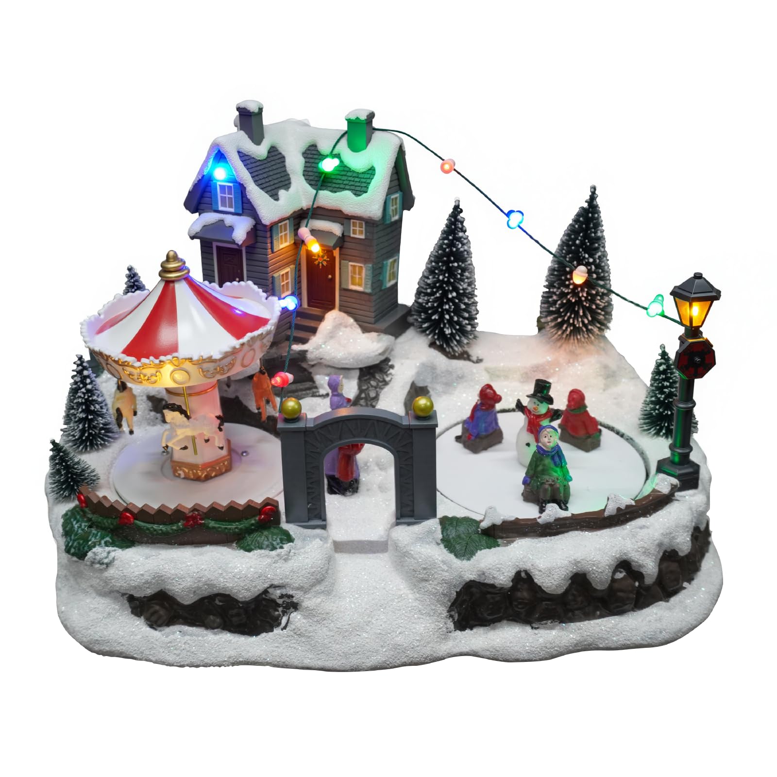 Village de Noël en résine avec carrousel et patinoire