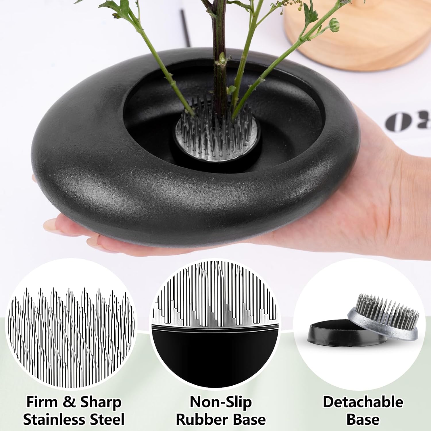 Ikebana Flower Frog Vase Set, 1.57in Stainless Steel Florist Frog for Arrangements and Ceramic Water Drop Pot, Elegant Ikebana Flower Holder for Cut Flowers, Floral Decor Kit(Black Small Size)